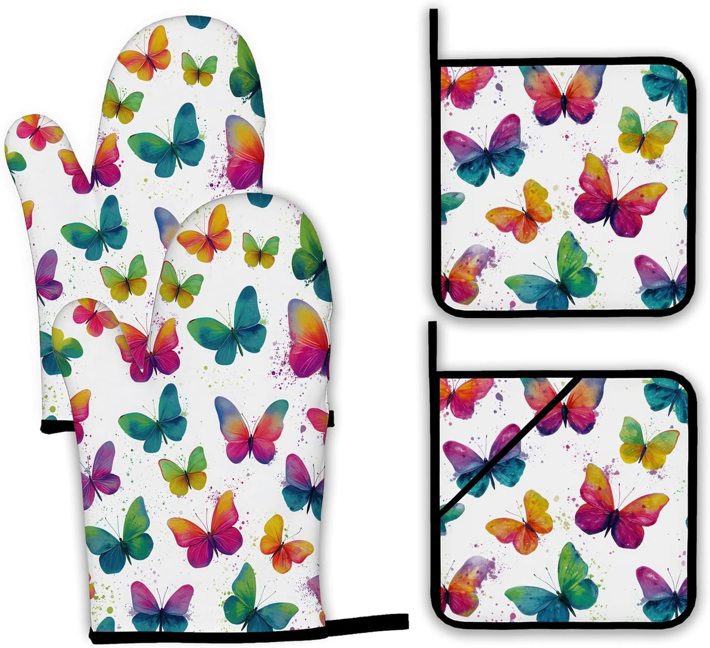 Colorful Butterfly Oven Mitts and Pot Holders,Heat Resistant Oven Mitts Gloves and Pot Holder for Home Kitchen Decorations Cooking Baking BBQ Gifts,Set of 4