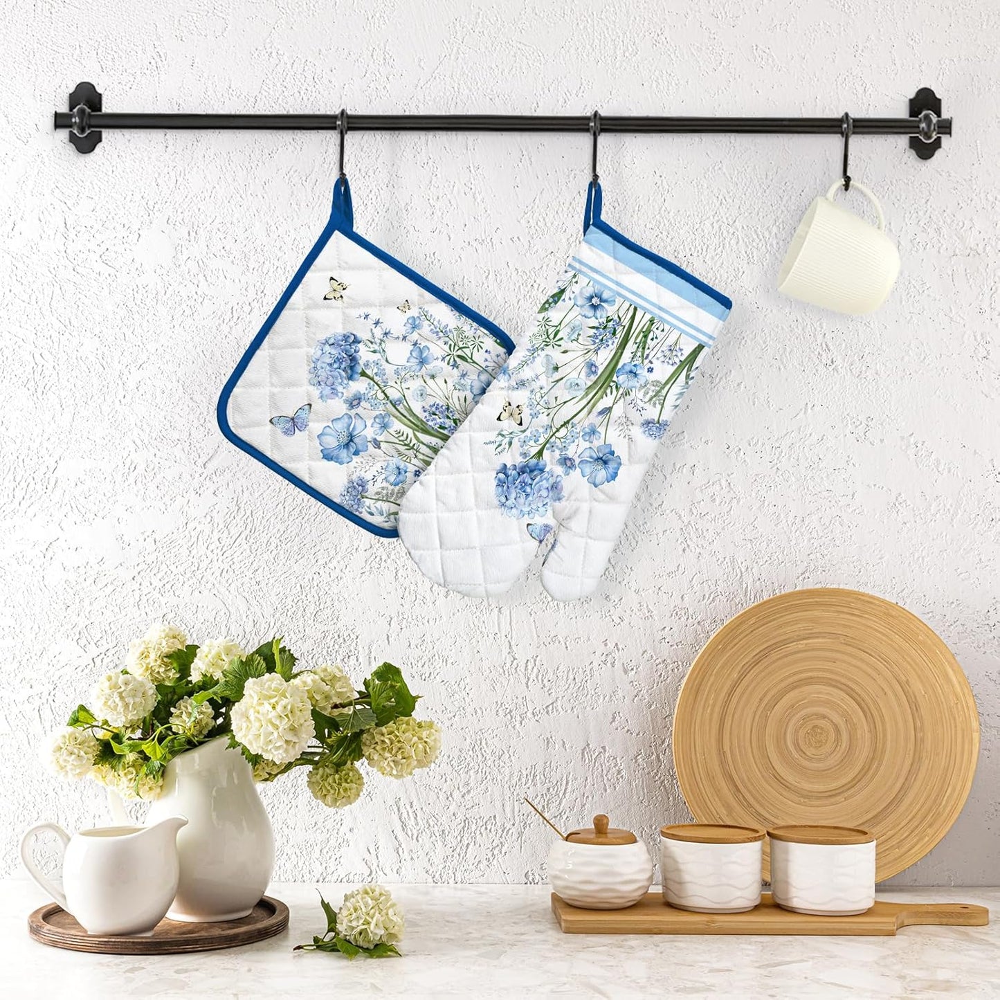 Blue Floral Oven Mitts and Pot Holders Sets 2Pcs, 100% Cotton Heat Resistant, Extra Long Oven Gloves Potholder for Kitchen Cooking Baking Decoration