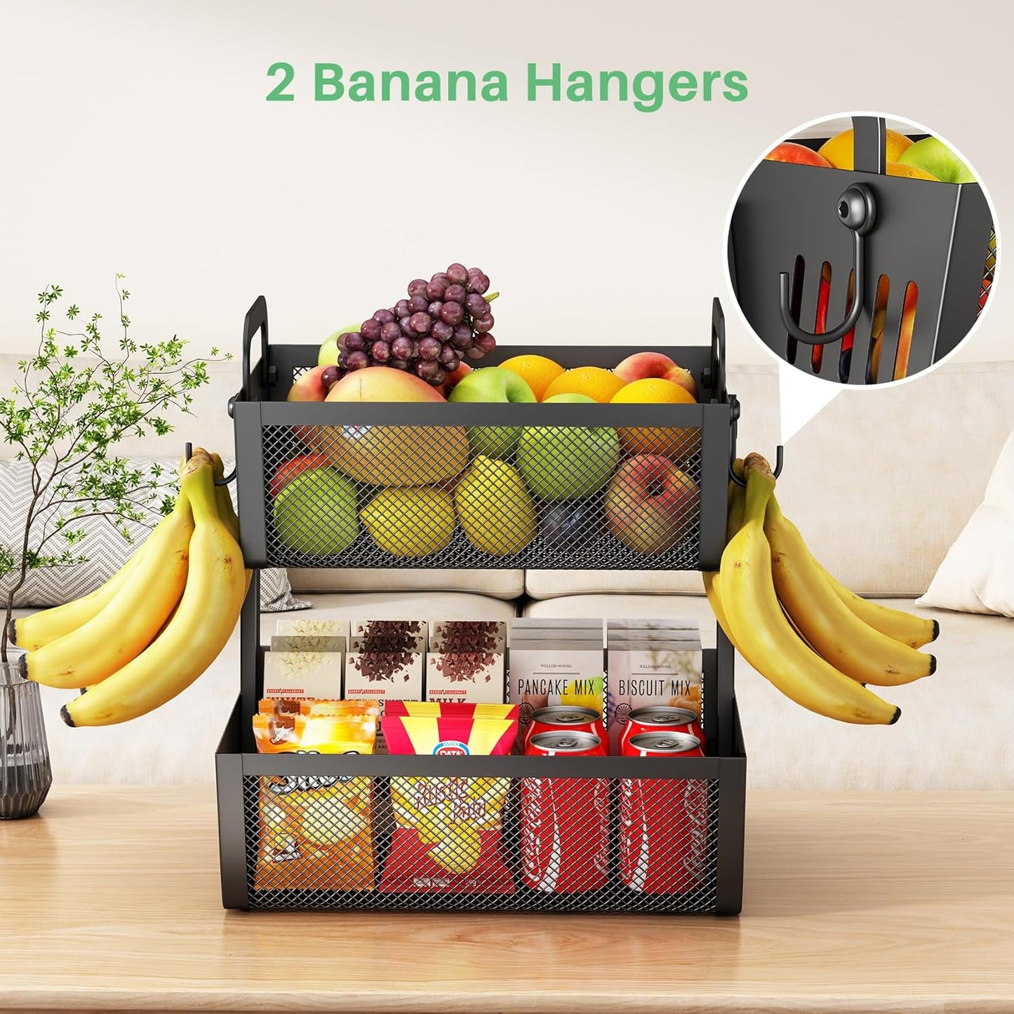 Fruit Basket Bowls For Kitchen Counter with Banana Hangers - Detachable Metal Fruit Stand with Handle - Kitchen Vegetables Bread Snacks Storage Organization, 2 Tier Black