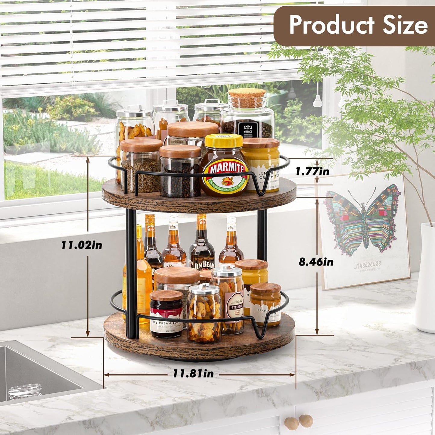 2 Pack 2 Tier Lazy Susan Organizer Wooden Rotating Spice Rack Spice Rack for Countertop 2 Tier Spice Turntable Organizer for Kitchen Countertop and Cabinet Compact and Versatile, Rustic Brown