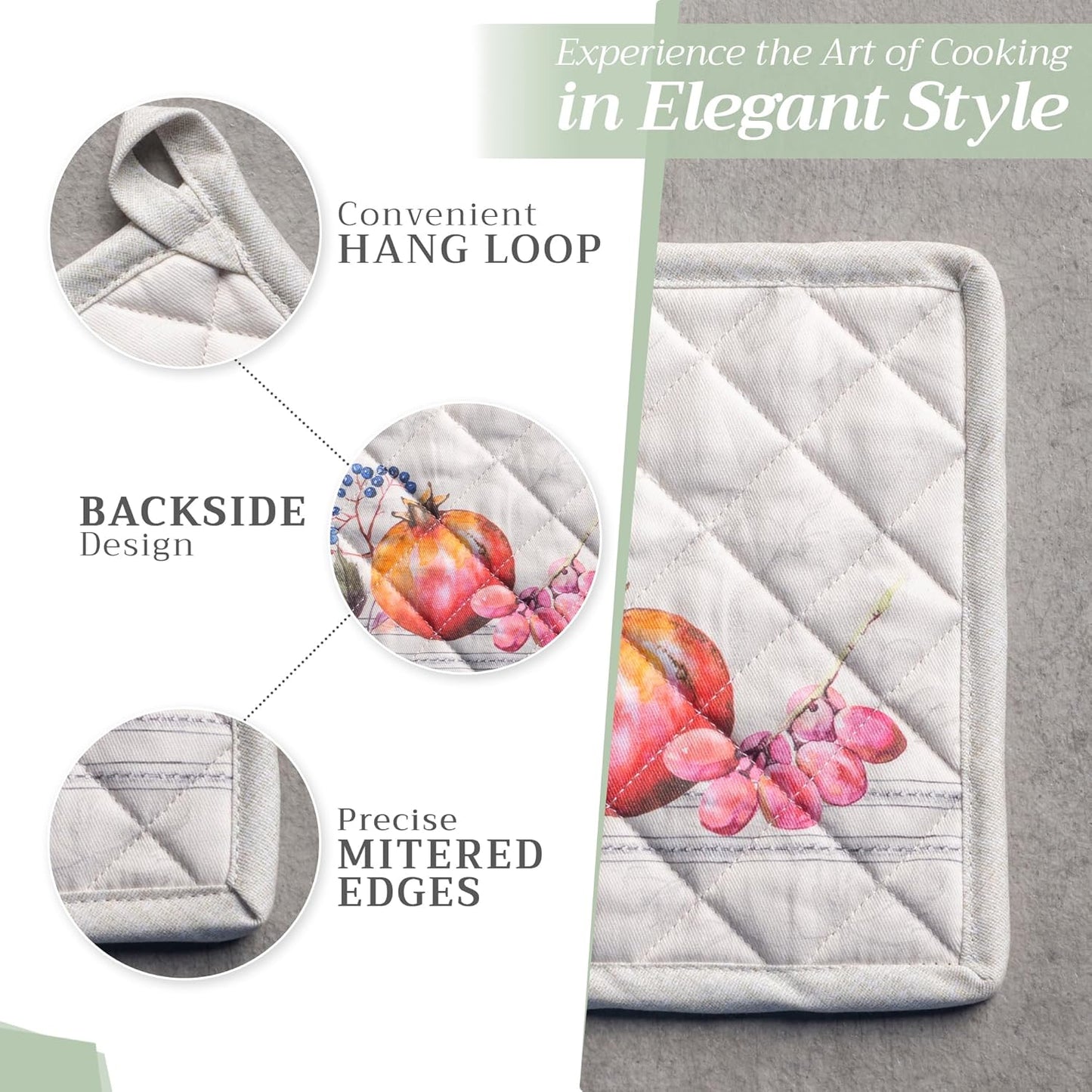 Maison d' Hermine 100% Cotton Oven Mitt & Pot Holder Set (7.5"x13" & 8"x8") Heat Resistant BBQ Cooking Gloves with Loop, Baking, Grilling, Kitchen, Handling Hot Pans (Fruit D'Hiver)