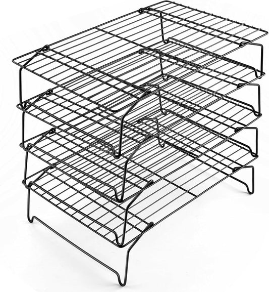 P&P CHEF 4-Tier Cooling Rack Set, Stainless Steel Stackable Baking Cooking Racks for Cooling Roasting Cooking, Raised & Folding Feet, Oven Safe & Easy Clean, 15" x 10", Black
