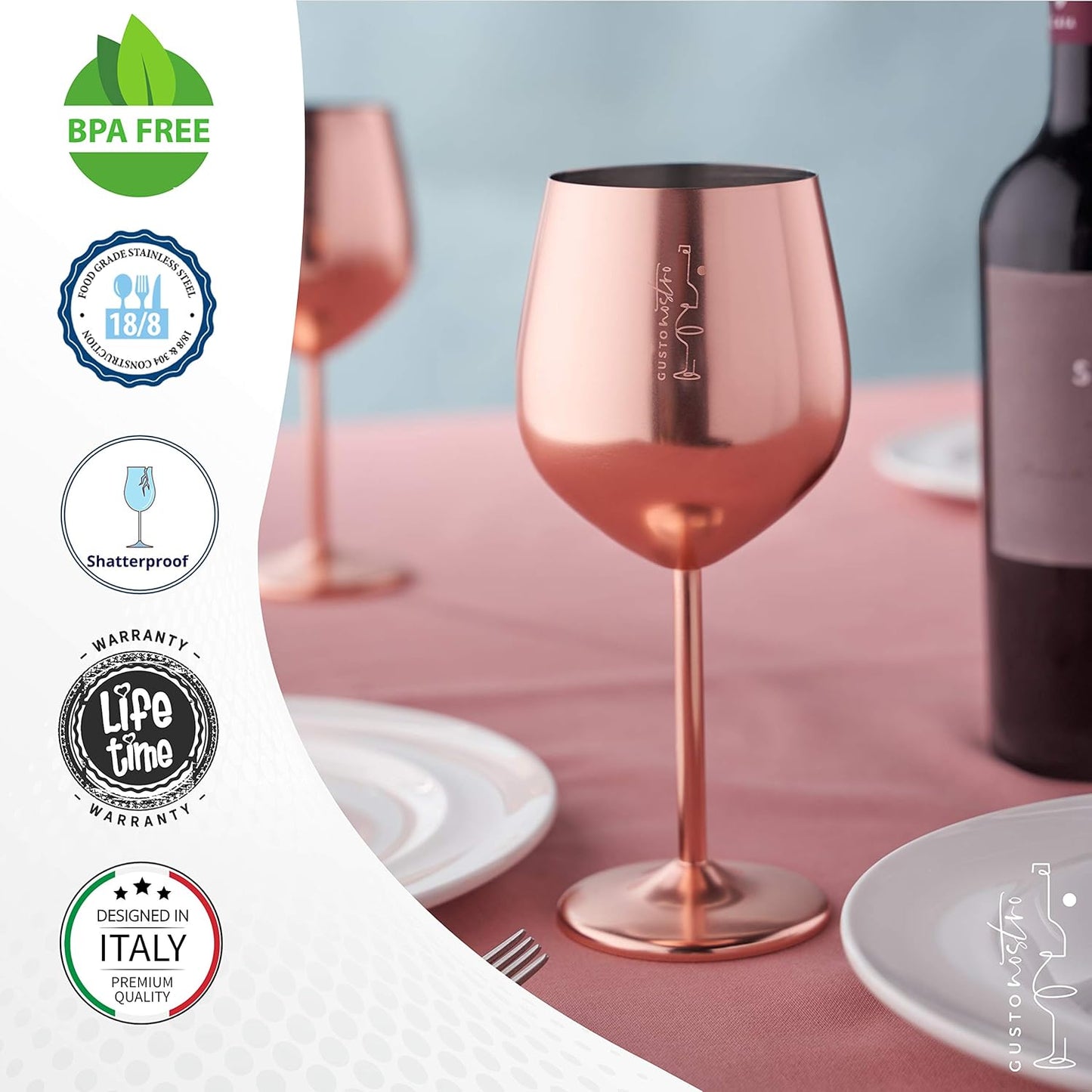 Gusto Nostro Stainless Steel Wine Glass - 18 oz - Unbreakable Rose Gold Wine Glasses for Travel, Camping and Pool - Fancy, Unique and Cool Portable Metal Wine Glass for Outdoor, Picnics (Set of 4)