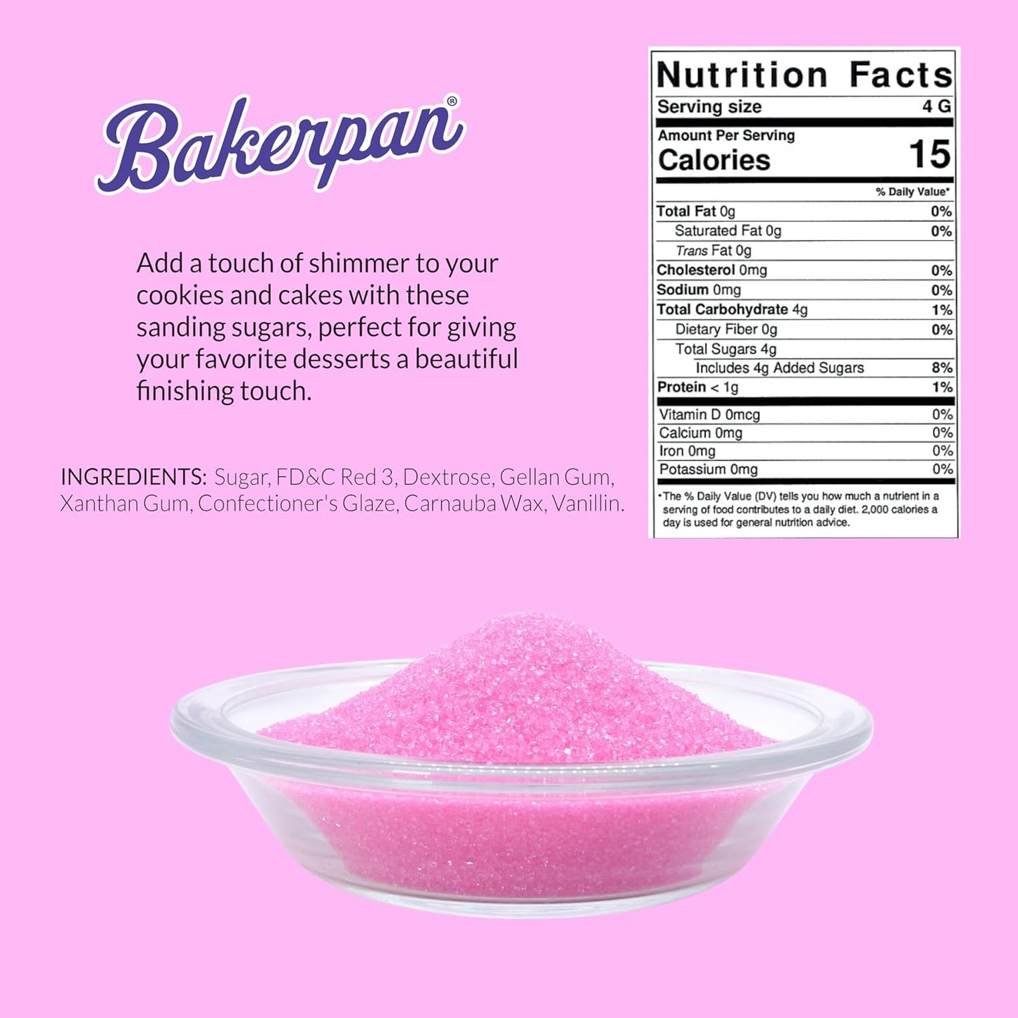 Bakerpan Pink Sanding Sugar for Baking & Cookie Decorating - 5 Ounce Edible Pink Sugar Sprinkles for Cookies, Cakes, Cocktails (Made In USA)