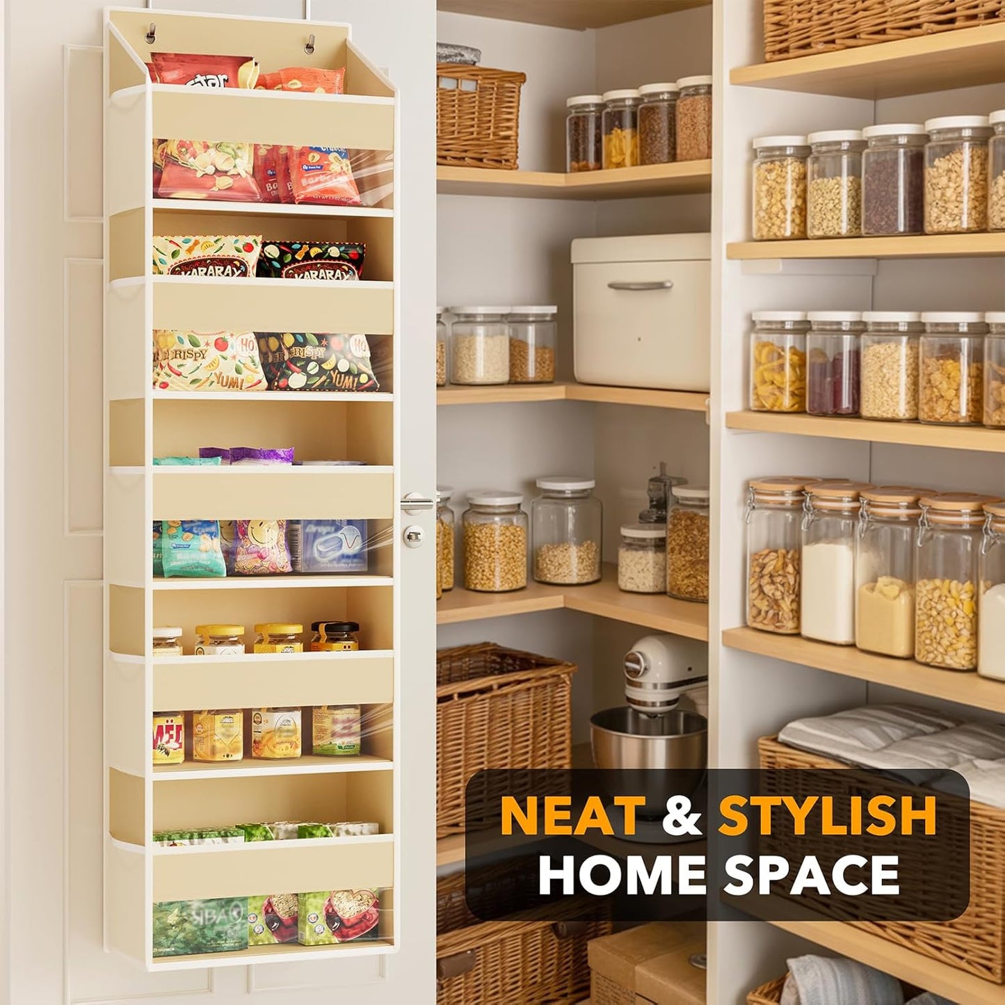 SpaceAid 1 Pack Over The Door Organizer with 5 Large Pockets and 10 Mesh Side Pockets, 5 Layers Door Organizer Hanging with Clear Window for Bedroom, Bathroom, Pantry and Nursery, Beige