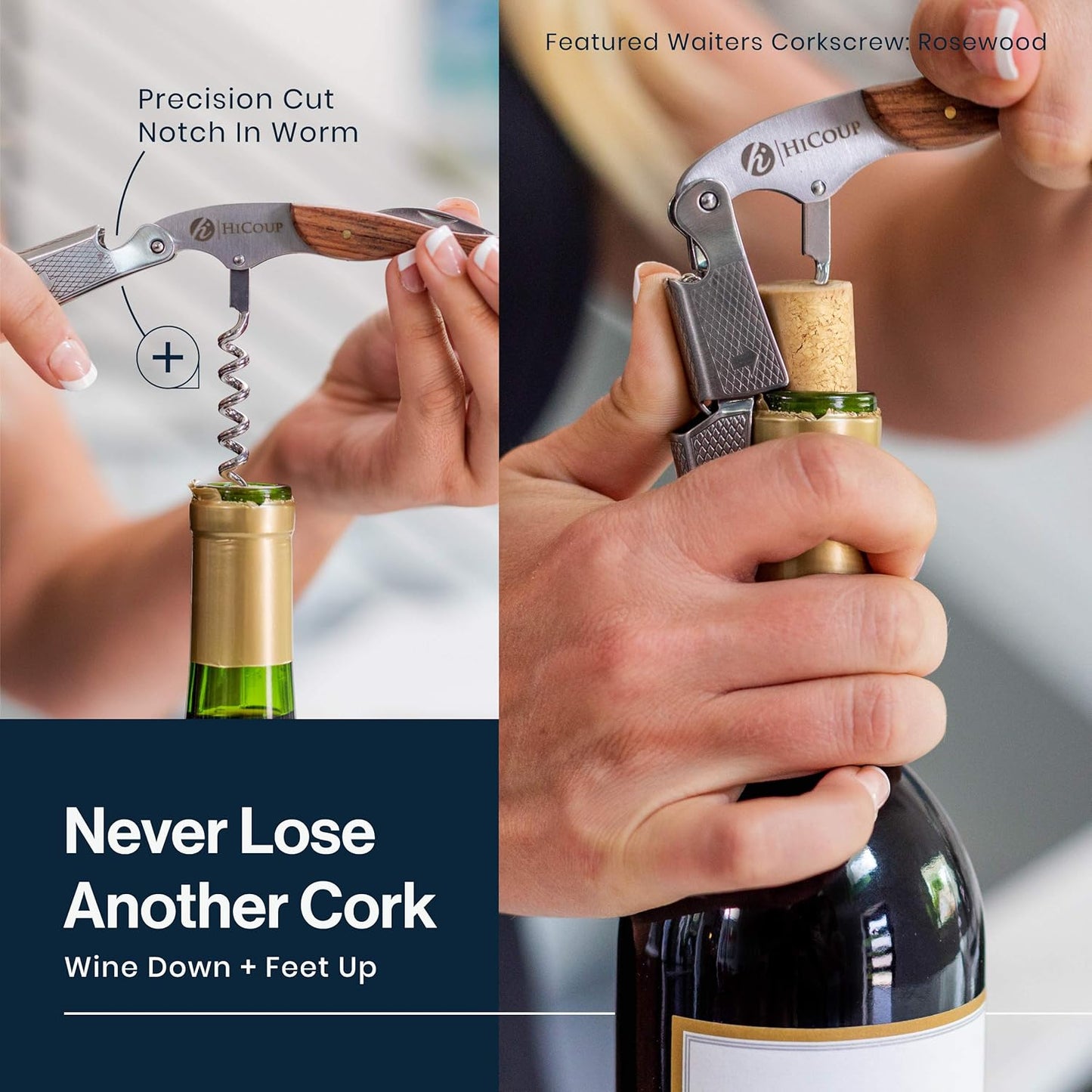 Hicoup Wine Opener - Professional Corkscrews for Wine Bottles w/Foil Cutter and Cap Remover - Manual Wine Key for Servers, Waiters, Bartenders and Home Use - Stainless Steel w/Ying Yang Resin Inlay