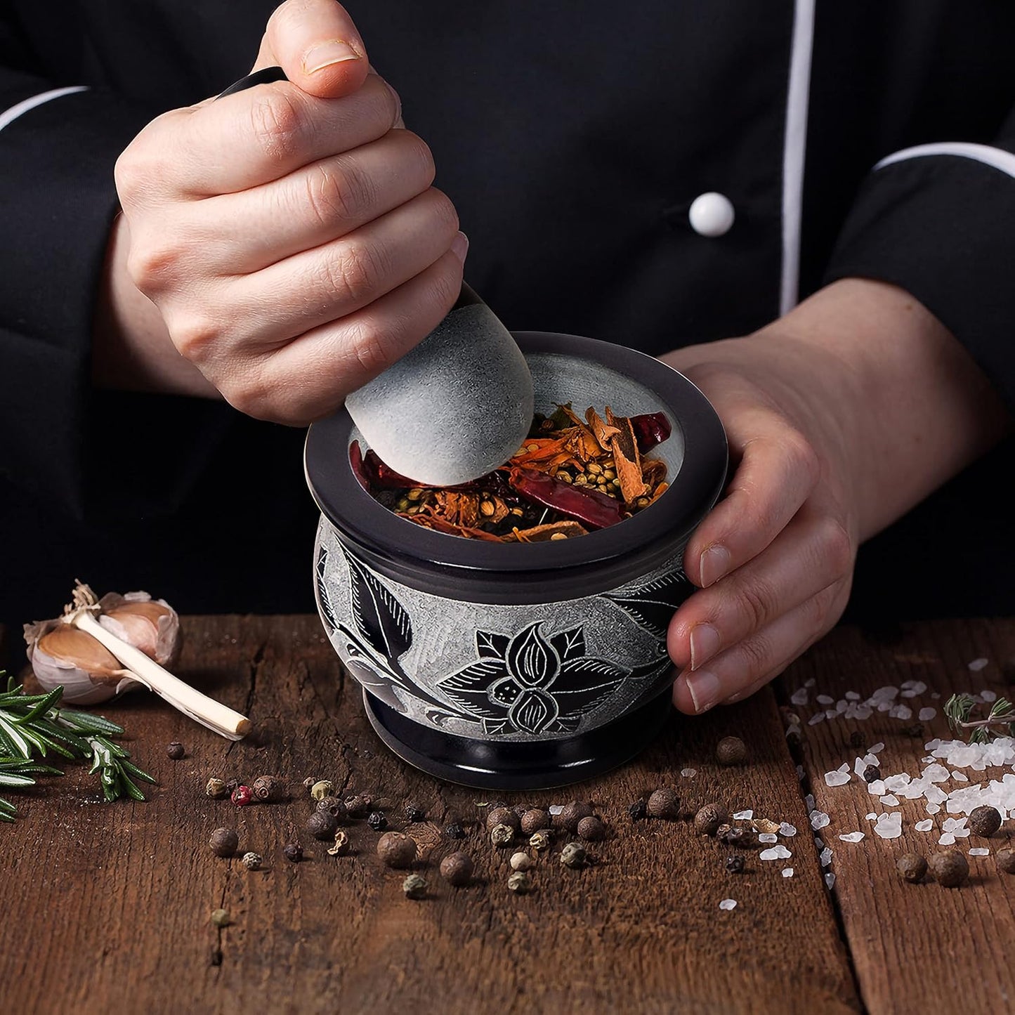 Mortar and Pestle, Made of Heavy Duty Polished Hard Stone, Natural Stone Grinder for Spices, Pastes, Herbs, Seasoning etc. (Floral)