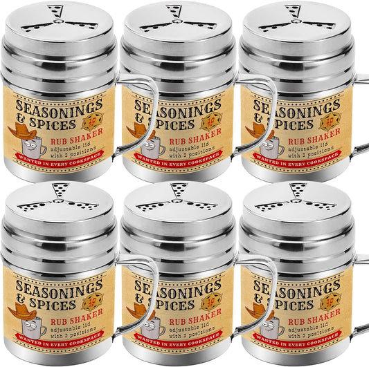 CUSINIUM [Pack of 6] 10 oz Seasonings Spice Shakers - BBQ Dry Rub Shakers - Cooking Dredge with Adjustable Fan-Style Lid and Handles