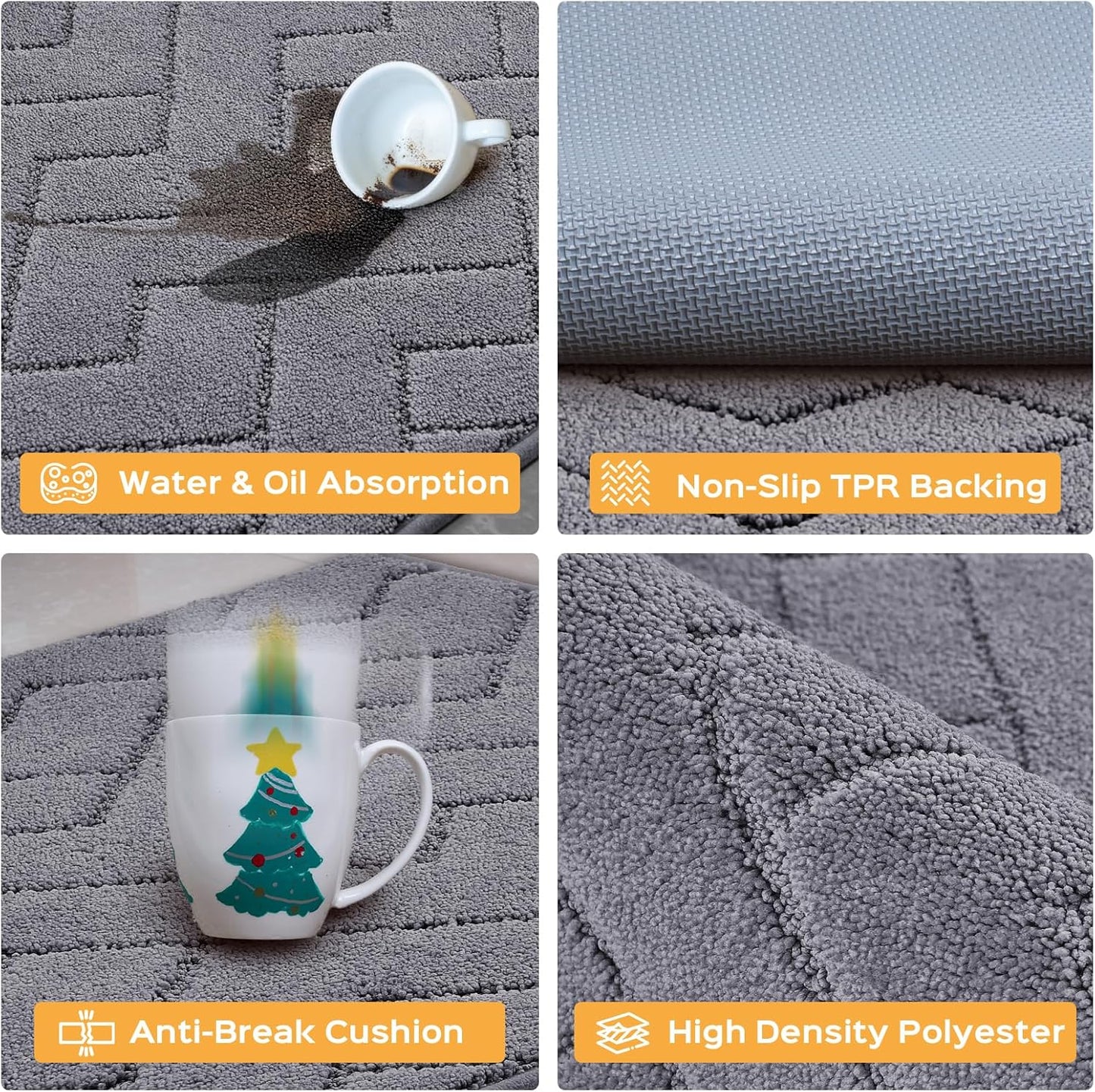 Machine Washable Kitchen Rugs Set (24" x 36"+24" x 60"), Non-Slip Kitchen Runner Rugs Mats for Floor, Absorbent Comfort Standing Mats for Kitchen, Sink and Hallway, Rolled Packaging, Grey