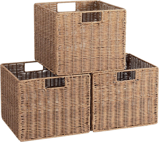 12X12X10in Plastic Wicker Storage Basket, Collapsible Wicker Cube Storage for Shelves, Woven Plastic Storage Basket for Pantry, Bedroom, Living Room, Bathroom, Shelves(Natural)