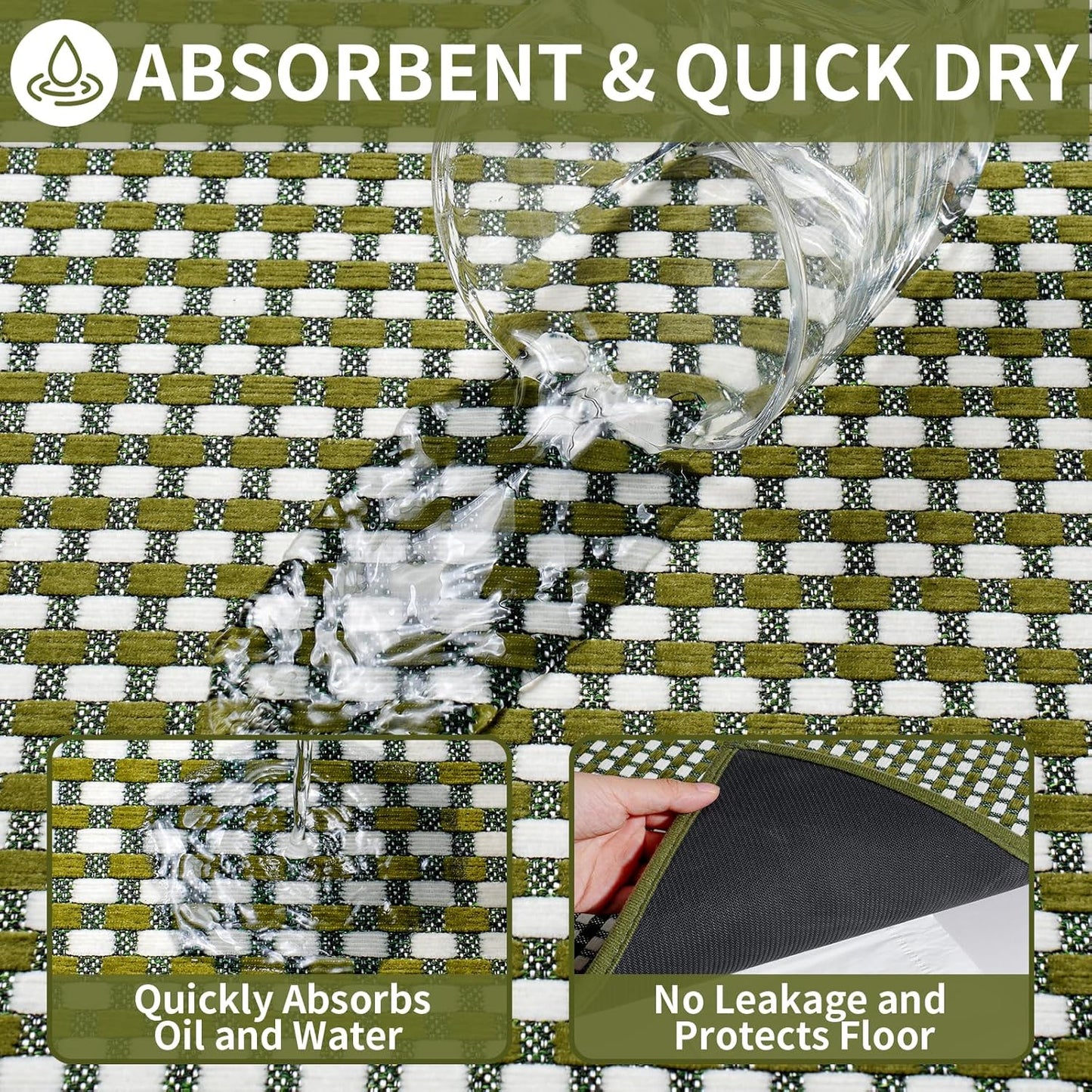 Large Kitchen Runner Rugs Long Kitchen Mat Non Slip Washable, Super Absorbent Soft Chenille Braided Kitchen Mats for Floor, Rubber Backing Kitchen Sink Standing Mat, Easy Clean, Green 36"x71"