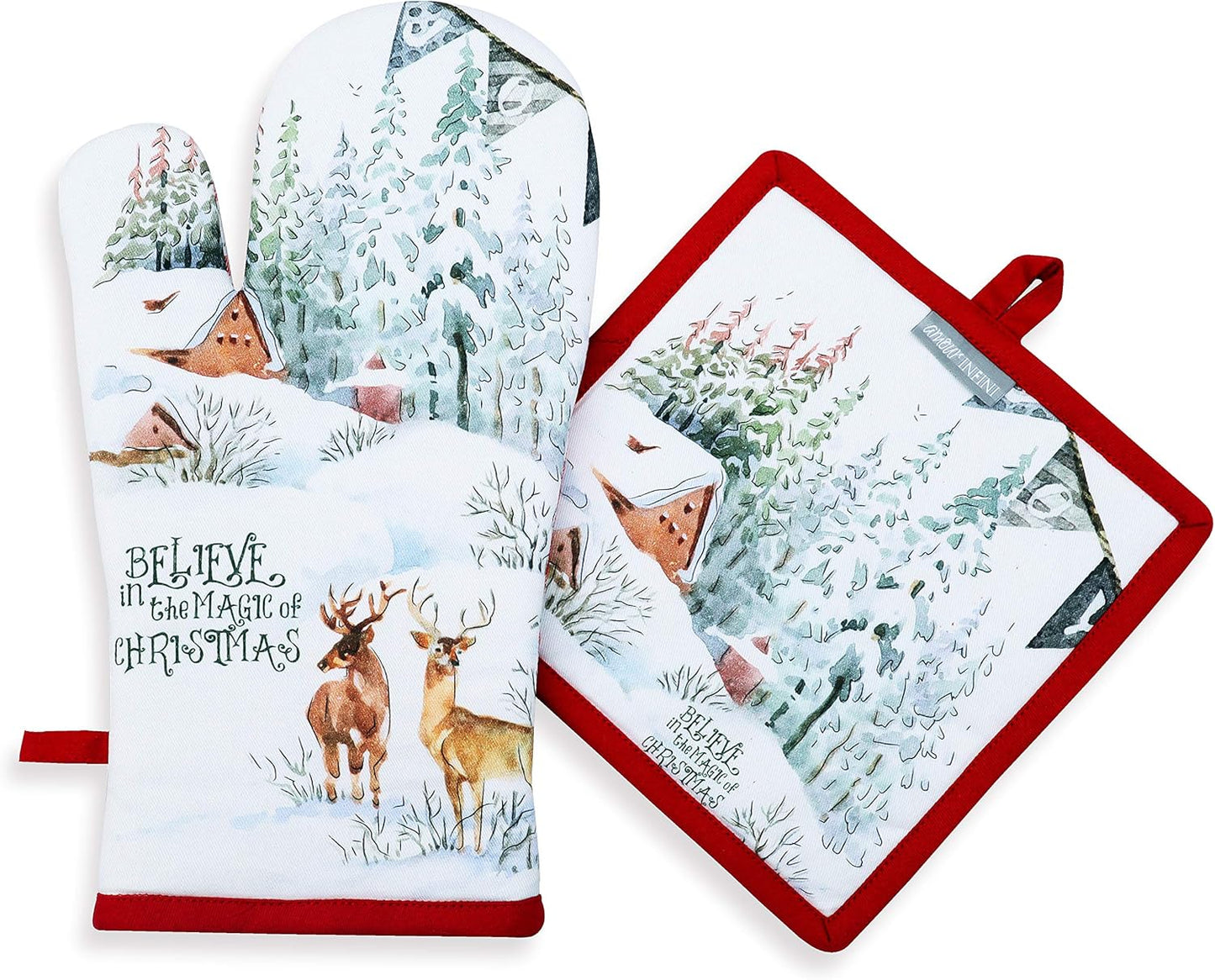 AMOUR INFINI Pot Holders and Oven Mitts 100% Cotton Christmas Winter Heat Resistant Non Slip Washable Set of 1 Oven Mitt and 1 Pot Holder Kitchen Gift Set