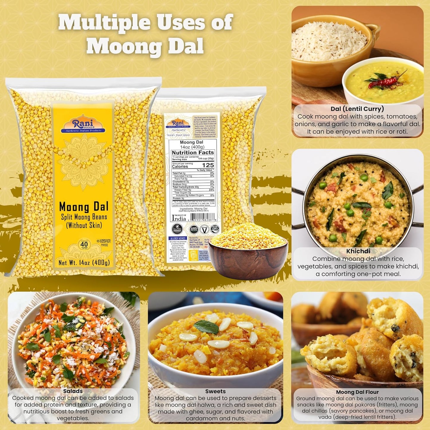 Rani Moong Dal (Split Mung Beans Without Skin) Lentils Indian 14oz (400g) ~ All Natural | Gluten Friendly | Non-GMO | Kosher | Vegan | Indian Origin