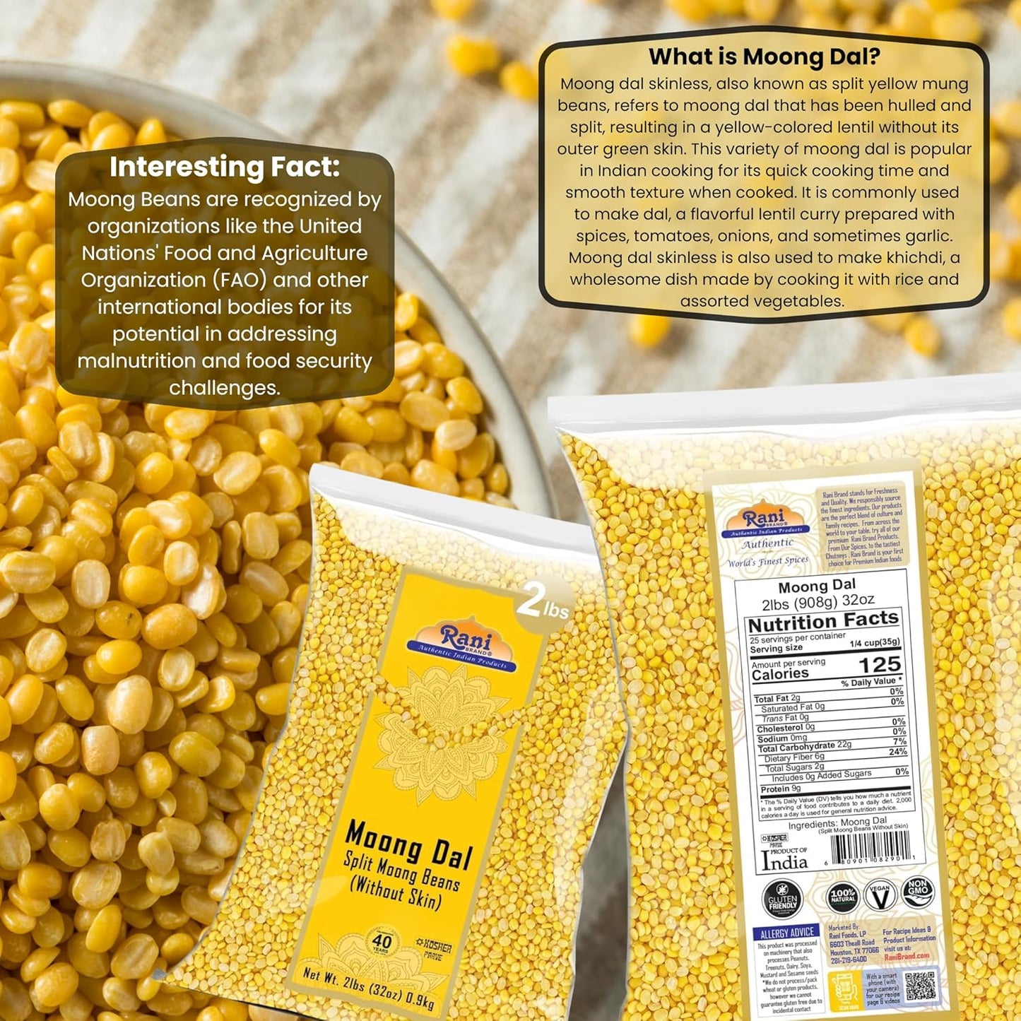 Rani Moong Dal (Split Mung Beans Without Skin) Lentils Indian 32oz (2lbs) 908g ~ All Natural | Gluten Friendly | Non-GMO | Kosher | Vegan | Indian Origin
