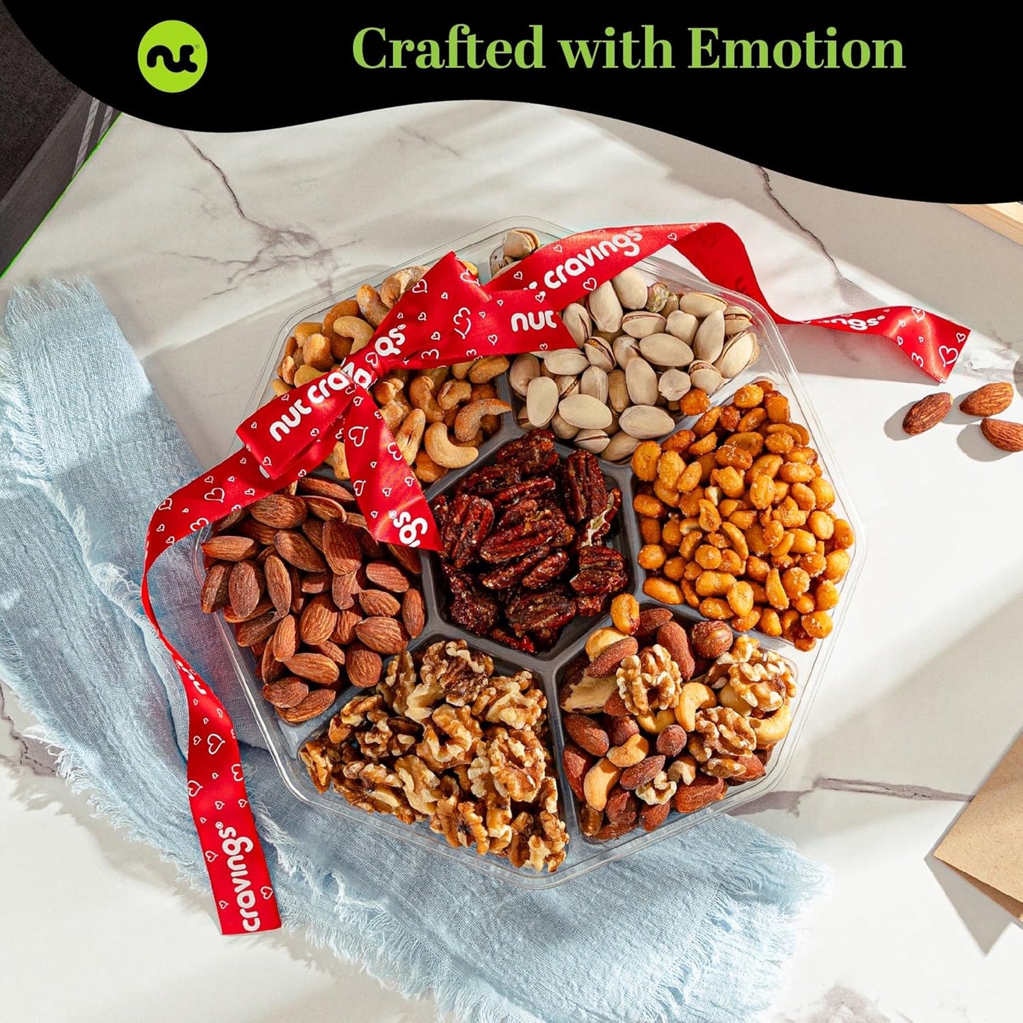 NUT CRAVINGS - Mixed Nuts Gift Basket + Heart Ribbon (7 Assortments) Food Arrangement, Healthy Snack Care Package, Food Assortments