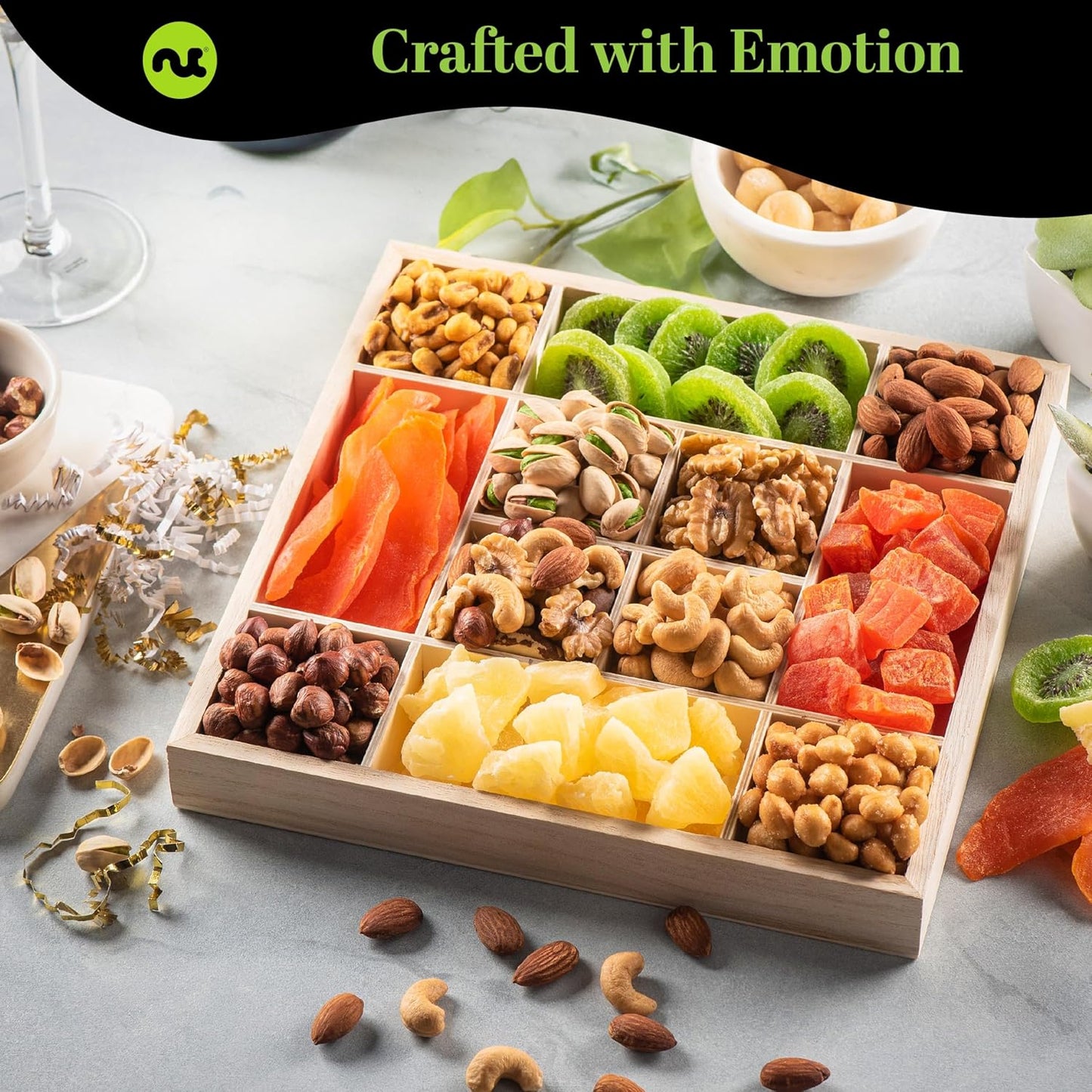 NUT CRAVINGS Gourmet Collection - Happy Birthday Treats, Dried Fruit & Mixed Nuts Gift Basket with Bday Ribbon in Reusable Wooden Tray (12 Assortments) Food Arrangement, Healthy Snack, Food Assortments