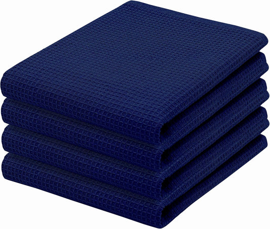 PurpleEssences Waffle Weave Kitchen Towel, 100% Cotton - 15 x 25 Inches, with Hanging Loop Ultra Soft Absorbent Quick Drying Dish Cloth, Tea and Hand Towels, 4 Pack - Navy Blue