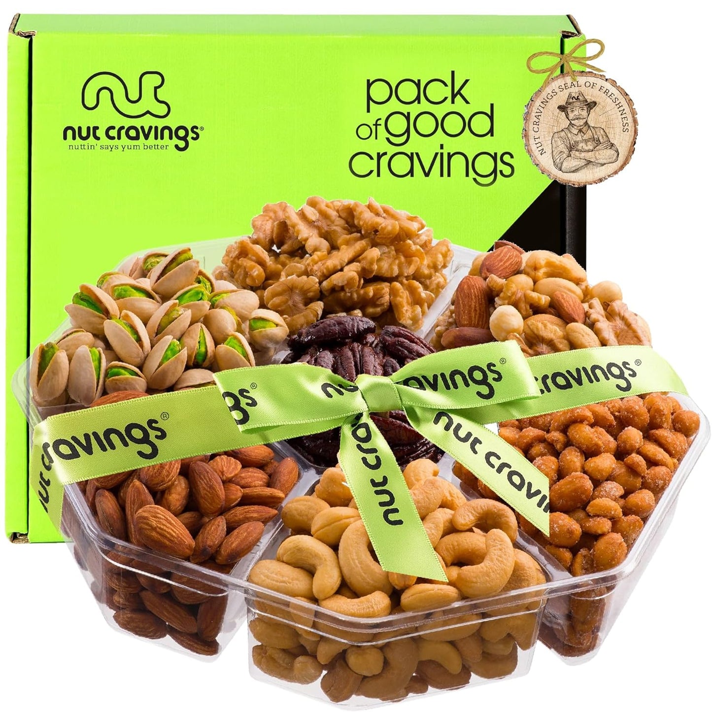 NUT CRAVINGS - Mixed Nuts Gift Basket + Green Ribbon (7 Assortments, 2.2 LB) Food Arrangement, Healthy Snack Care Package, Food Assortments