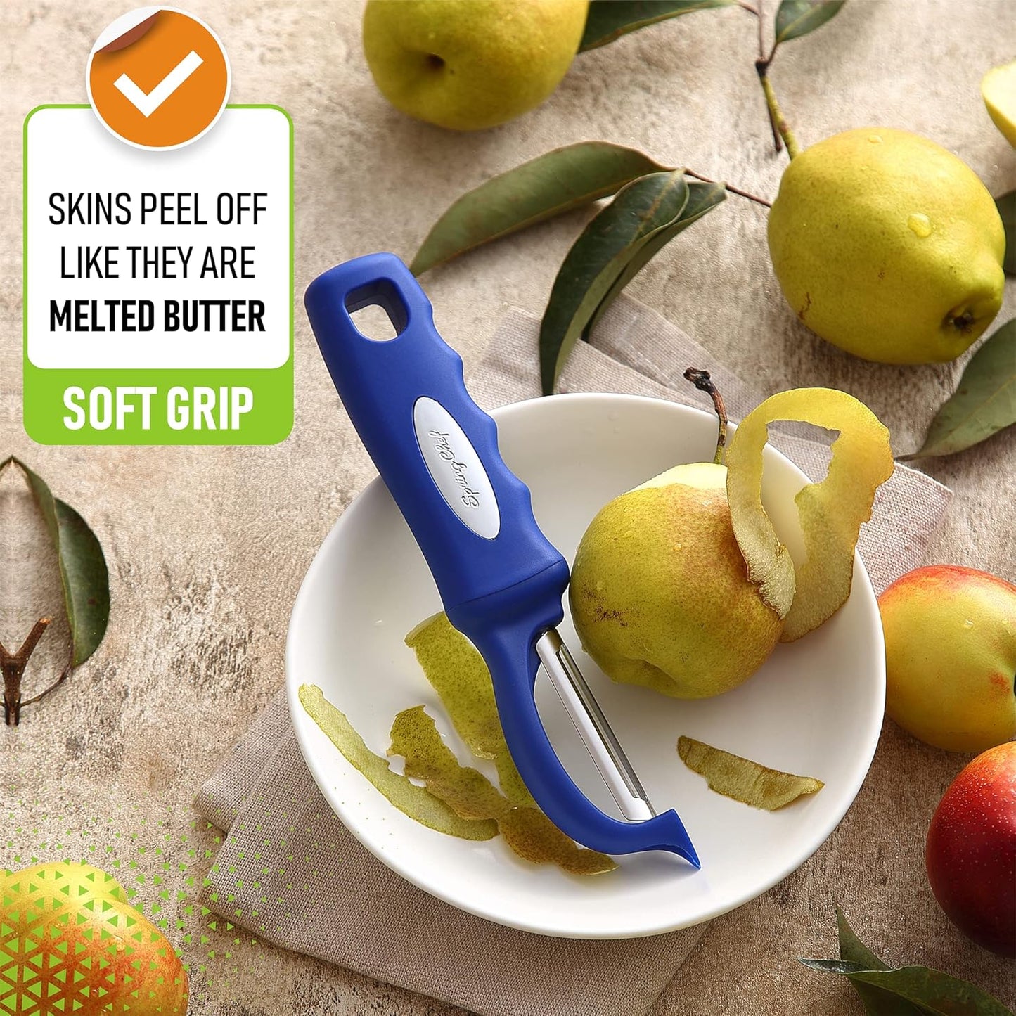 Spring Chef Premium Swivel Vegetable Peeler, Soft Grip Handle and Ultra Sharp Stainless Steel Blades - Perfect Kitchen Peeler For Veggie, Fruit, Potato, Carrot, Apple - Sapphire