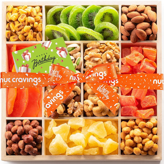 NUT CRAVINGS Gourmet Collection - Happy Birthday Treats, Dried Fruit & Mixed Nuts Gift Basket with Bday Ribbon in Reusable Wooden Tray (12 Assortments) Food Arrangement, Healthy Snack, Food Assortments