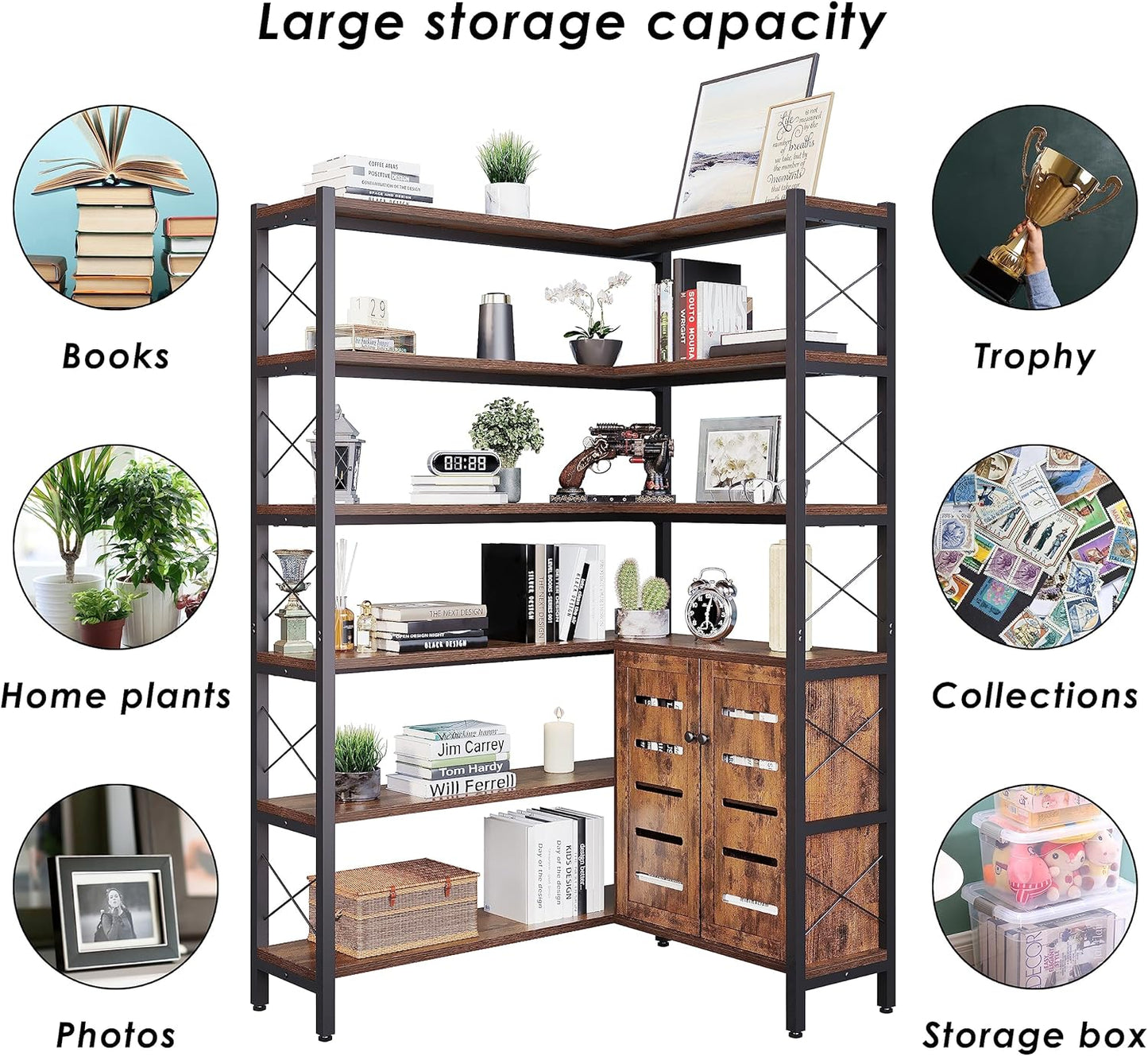 Corner Bookshelves and Bookcases Industrial Corner Etagere Bookcase L Shaped Shelf 6 Tiers with Metal Frame for Living Room Home Office