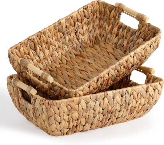 Water Hyacinth Storage Baskets with Wooden Handles，Large Wicker Baskets for Organizing Set of 2
