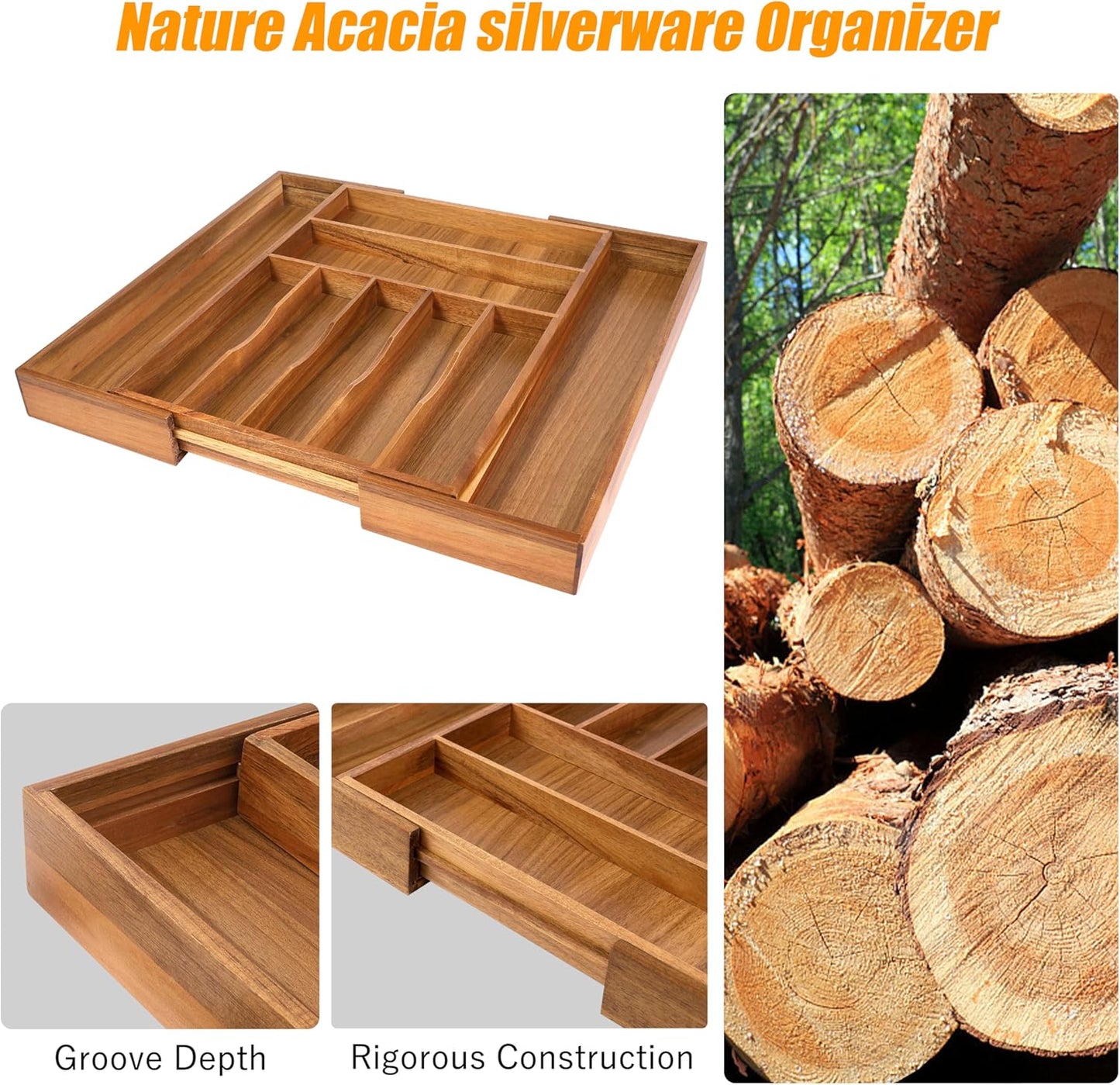 Bellsal Large Premium Acacia Wood Silverware Organizer - Expandable Utensil Drawer Organizer - 17"x19.6" Utensil Holder and Cutlery Tray with Grooved for Kitchen Flatware Utensils(7-9 Slot, Acacia)