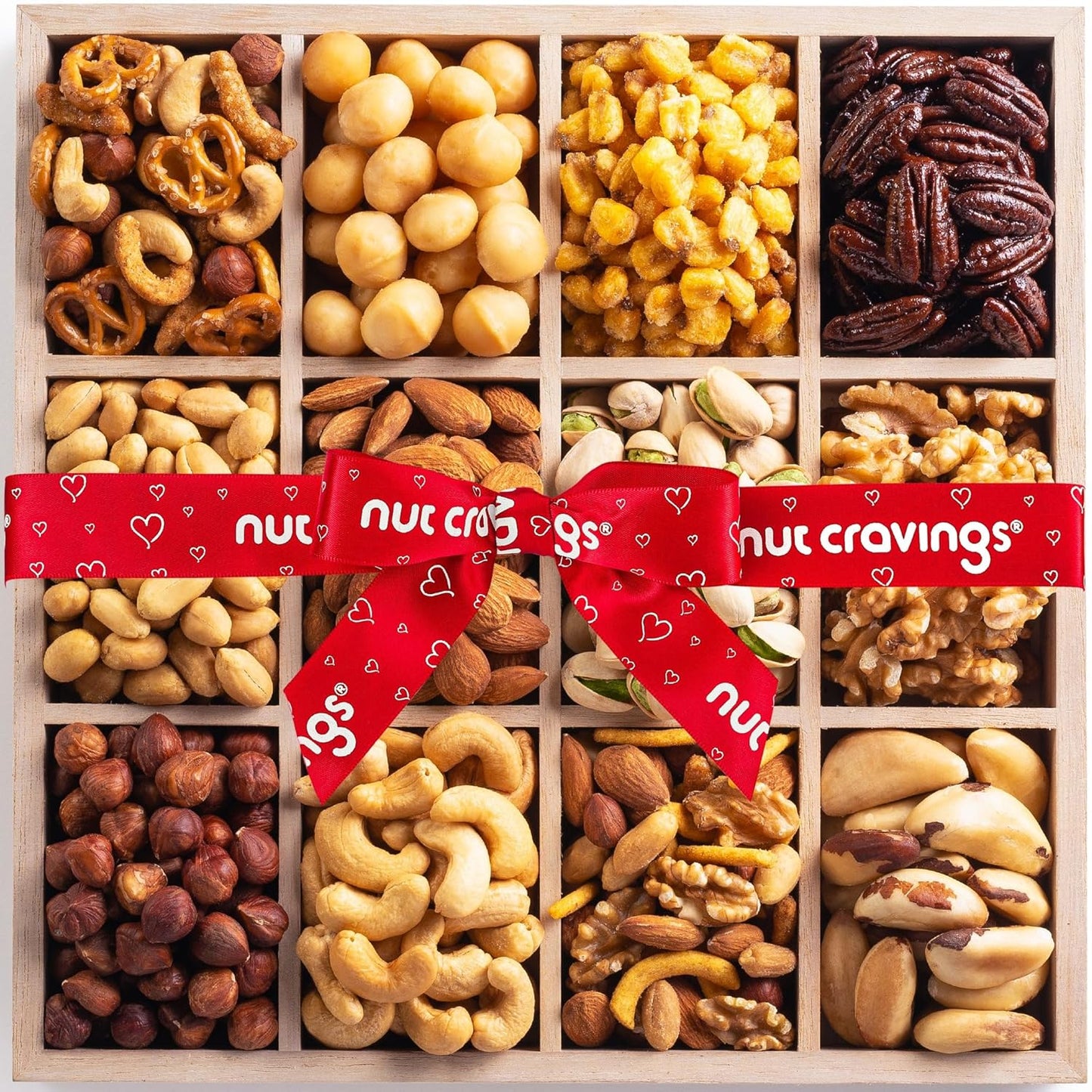NUT CRAVINGS - Mixed Nuts Gift Basket in Reusable Wooden Tray + Heart Ribbon (12 Assortments) Food Arrangement, Healthy Snack Care Package, Food Assortments