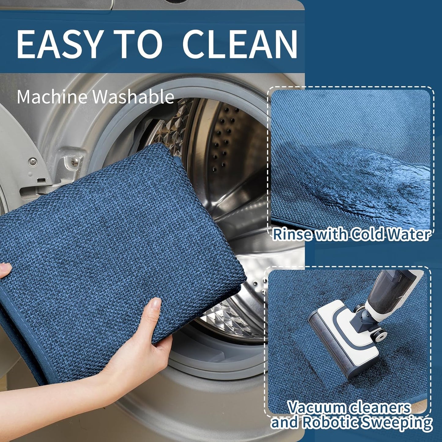 Kitchen Mats for Floor, Super Absorbent Kitchen Rugs Non Slip Washable, Soft Imitation Linen Braided Kitchen Runner Rug, Standing Mat Kitchens Sink Mat, Easy to Clean, Blue 17x30