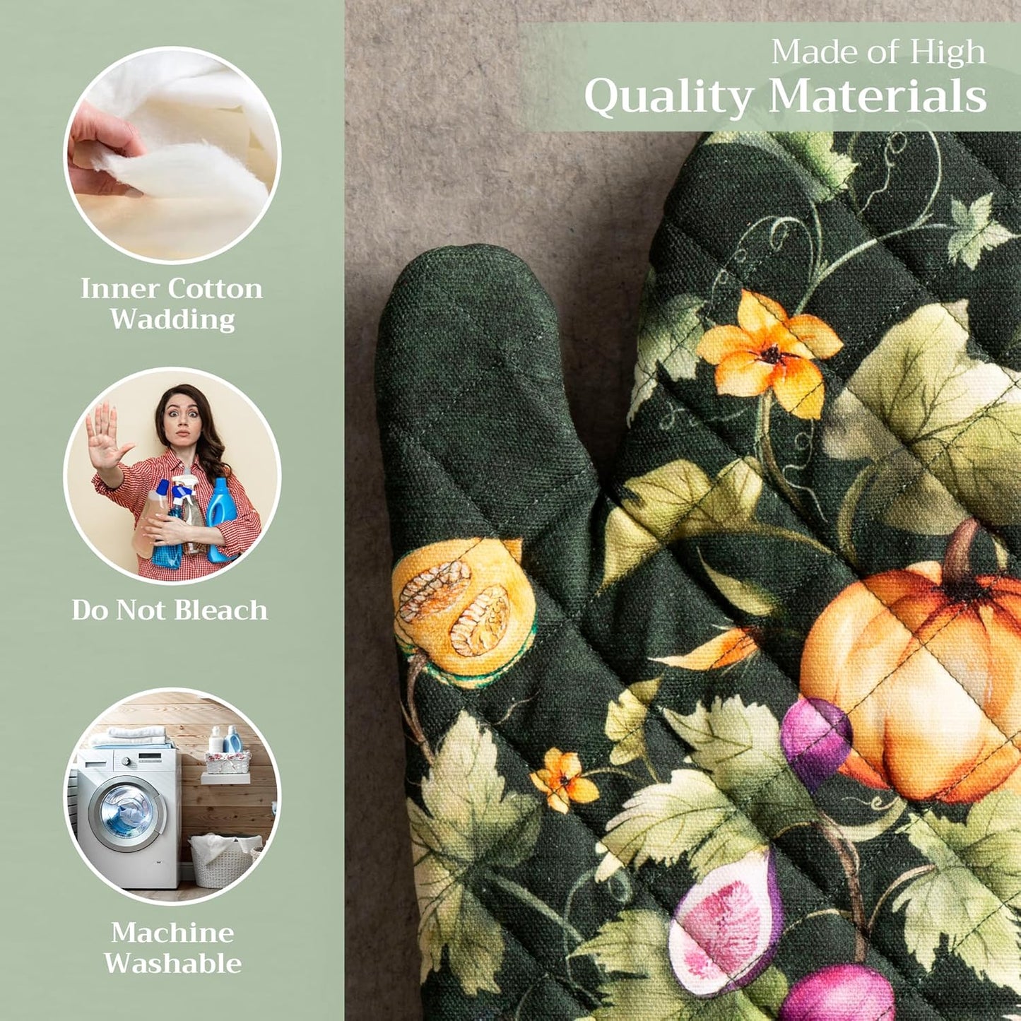 Maison d' Hermine Oven Gloves 100% Cotton Oven Mitt 7" x 13" with Loop Heat Resistant, BBQ, Cooking Gloves, Baking, Grilling, Kitchen, Handling Hot Pans (Pack of 1, Pumpkin Garden - Dark Green)