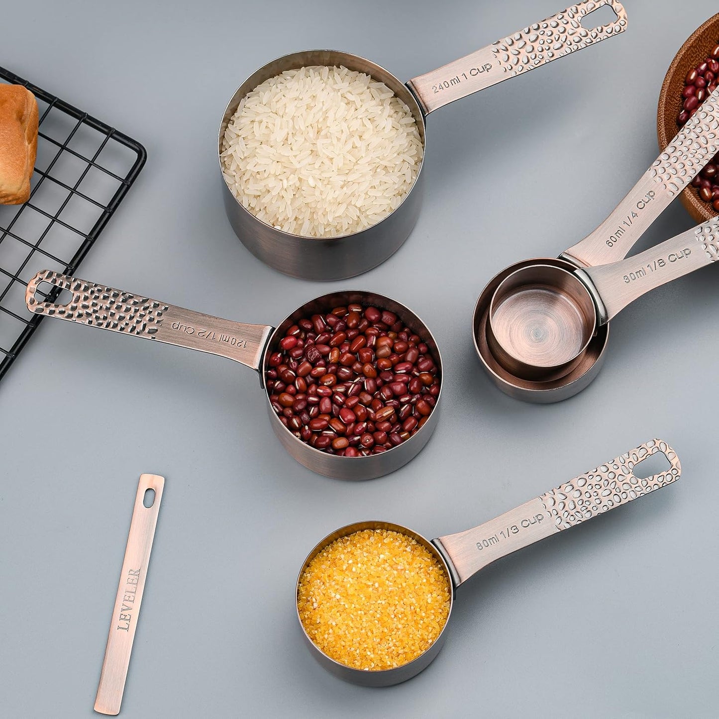 Copper Measuring Cups and Spoons set, Stainless Steel Measuring Cups and Spoons set for Baking & Kitchen, Metric & US 5 Copper Measure Cup and 6 Measure Spoons and 1 Ingredient Leveler