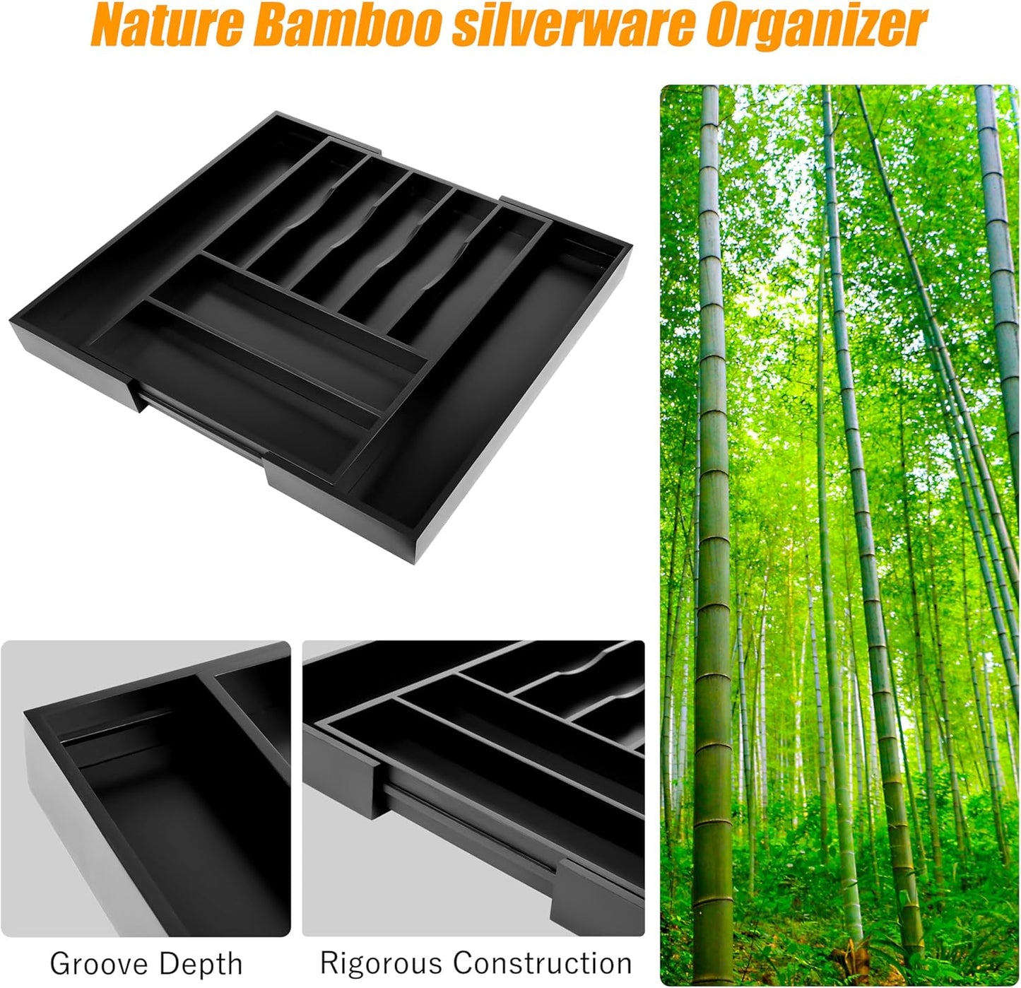 Bellsal Large Premium Bamboo Silverware Organizer - Expandable Utensil Drawer Organizer - 17"x19.6" Utensil Holder and Cutlery Tray with Grooved for Kitchen Flatware and Utensils(7-9 Slot, Black)