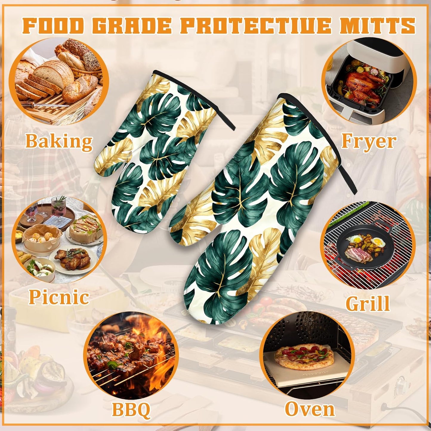 Palm Leaf Golden Tropical Oven Mitts and Pot Holders Set,Kitchen Decor Heat Resistant Non Slip Hot Pads and Oven Mitt for Chef Cooking Baking BBQ Mom Girl Gifts(4 Piece Set)