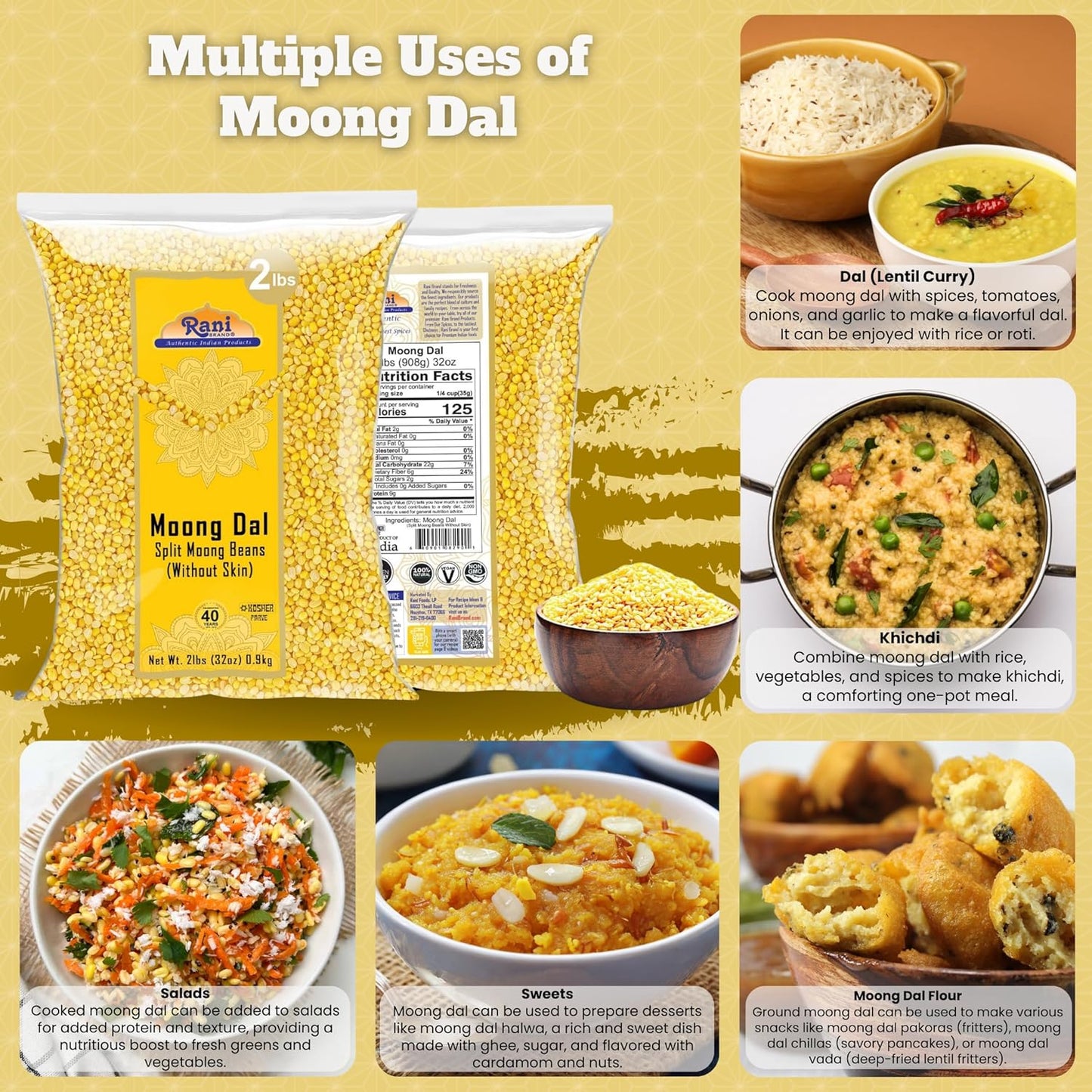 Rani Moong Dal (Split Mung Beans Without Skin) Lentils Indian 32oz (2lbs) 908g ~ All Natural | Gluten Friendly | Non-GMO | Kosher | Vegan | Indian Origin