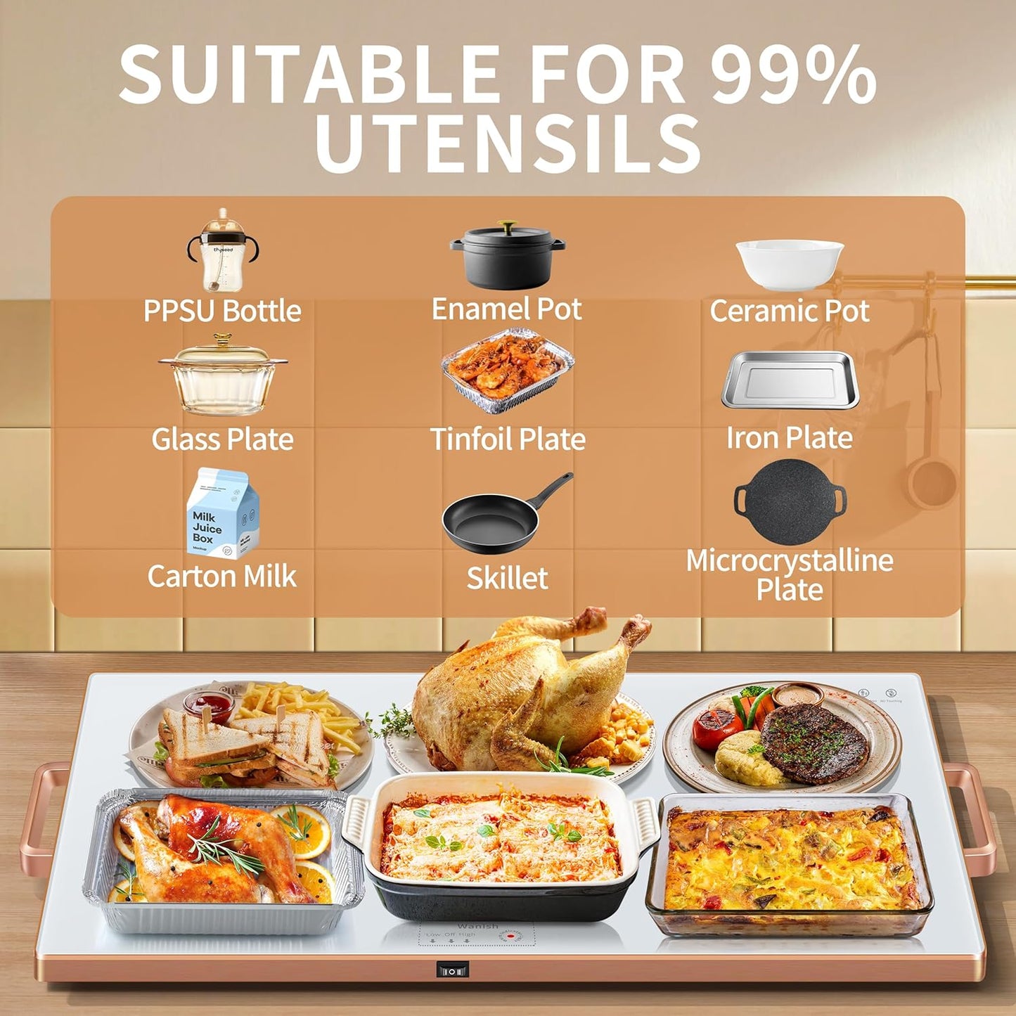 Electric Warming Tray (XXL 32”x18”)，Food Warmers for Parties Buffet with Thermostat&Full Surface Heating,Tempered Glass Warming Mat for Food, Temperature Adjustable Gold Handles Food Warming Mat,White