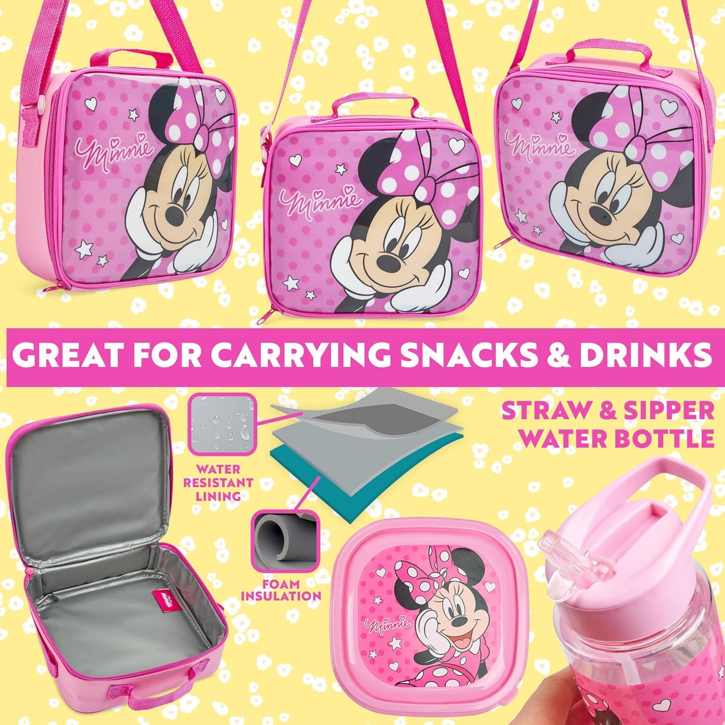 Get Trend Disney Minnie Mouse Kids Lunch Bag Set 3 Pc with Leak Proof Water Bottle and Small Lunch Box Insulated for School Daycare Travel (Minnie Mouse)