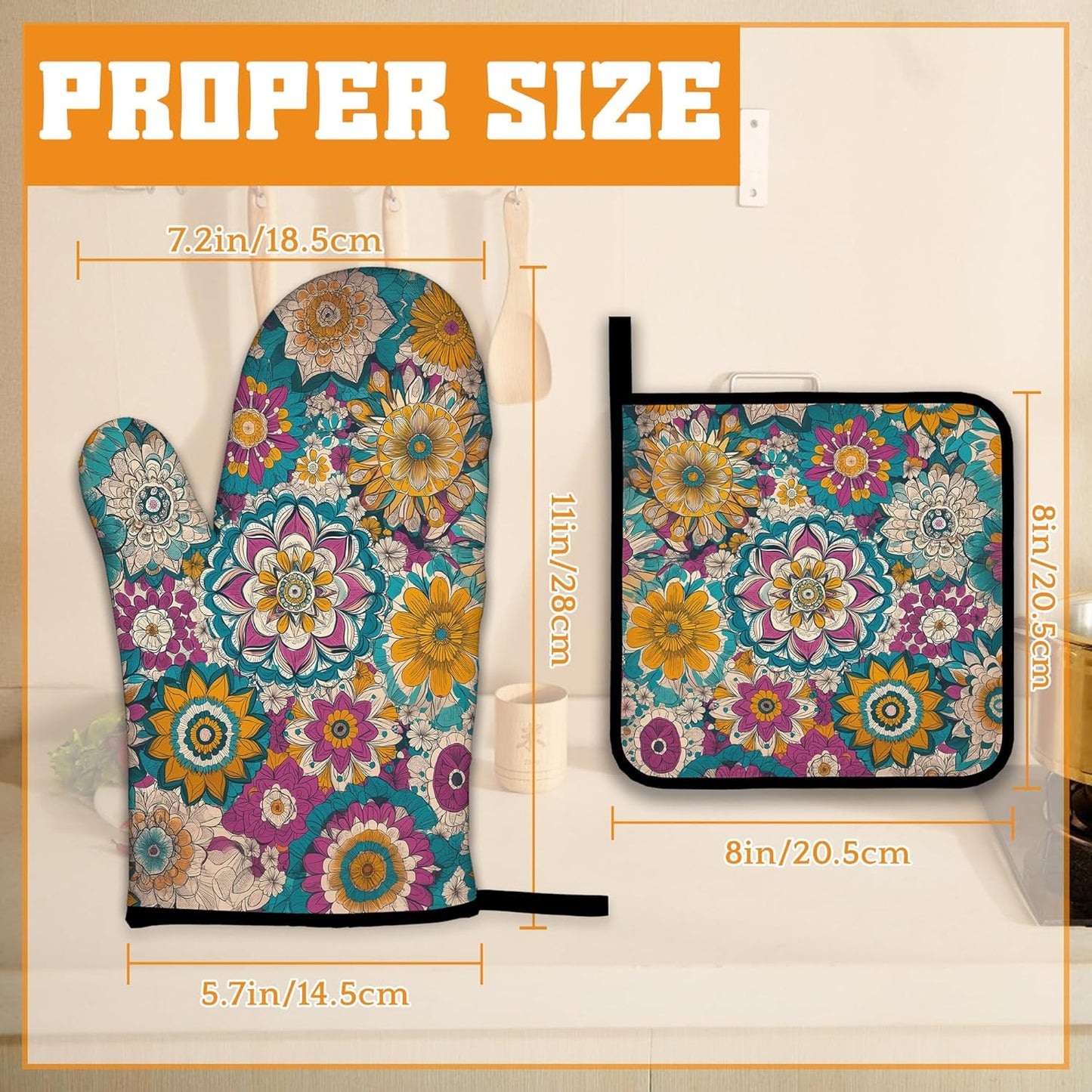 Vintage Mandala Oven Mitts and Pot Holders,Floral Flower Heat Resistant Oven Mitts Gloves and Pot Holder for Home Kitchen Decorations Cooking Baking BBQ Gifts,Set of 4