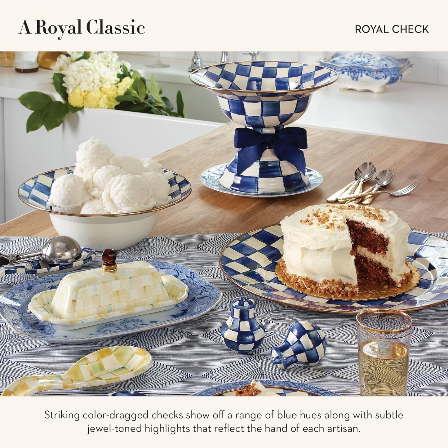 MACKENZIE-CHILDS Enamel Serving Bowl, Enamel Serveware Bowl, 12 Inches, Blue-and-White Royal Check