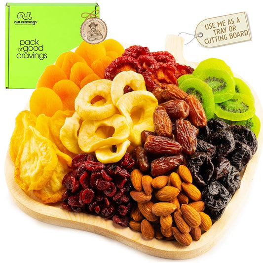 NUT CRAVINGS - Rosh Hashana & Shana Tova Dried Fruit & Mixed Nuts Gift Basket in Wooden Apple-Shaped Tray (9 Assortments) Food Arrangement, Healthy Snack Care Package, Food Assortments