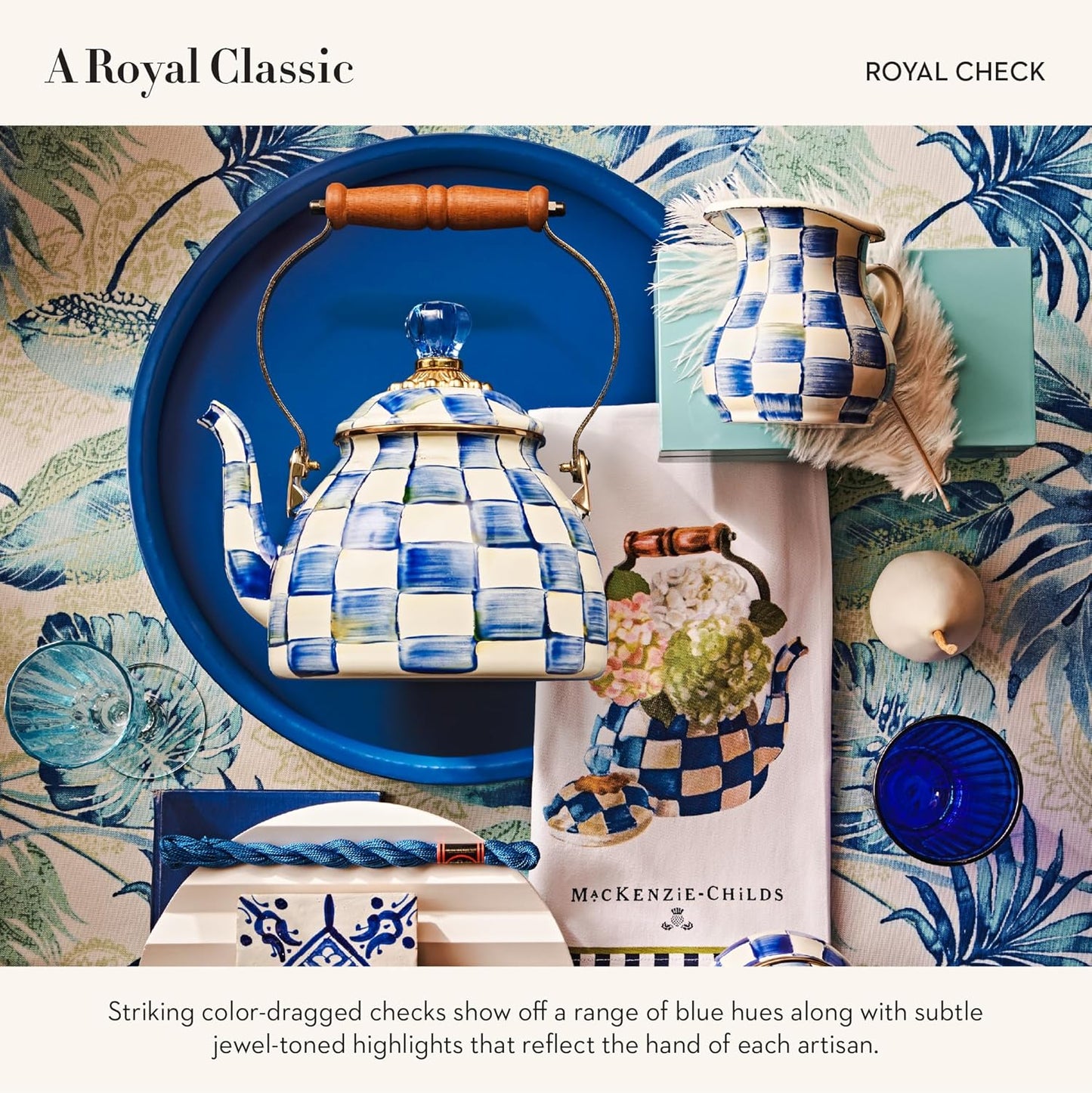 MACKENZIE-CHILDS Enamel Creamer, Creamer Dispenser with Pour Spout, Kitchen Enamelware, 14-Ounce Capacity, Blue-and-White Royal Check