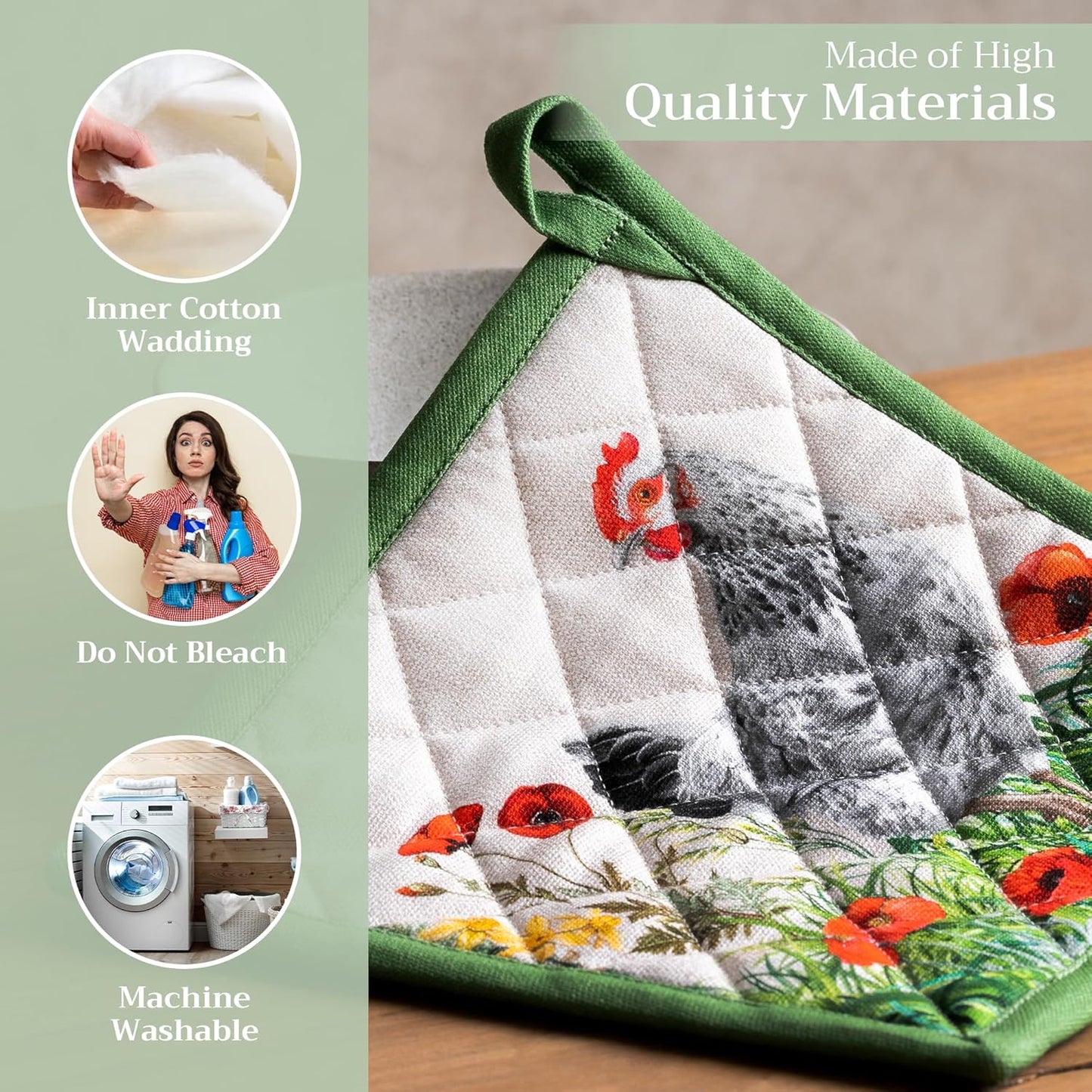 Maison d' Hermine Pot Holders 100% Cotton Heat Resistant Potholders 8" x 8" Hot Pads with Loop BBQ, Cooking, Baking, Grilling, Kitchen, Handling Hot Pans Spring/Summer (Pack of 1, Basse Cour)