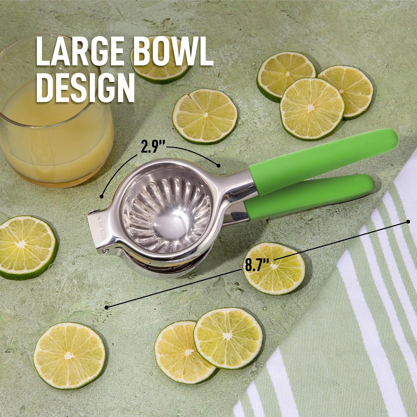 Zulay Lemon Squeezer Stainless Steel with Premium Heavy Duty Solid Metal Squeezer Bowl and Food Grade Silicone Handle - Large Manual Citrus Press Juicer and Lime Squeezer Stainless Steel (Light Green)