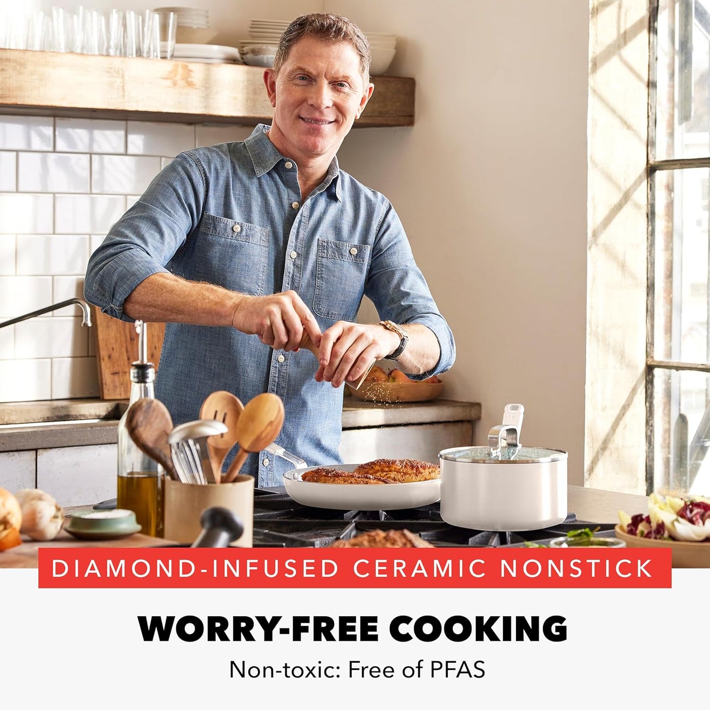 GreenPan x Bobby Flay 6QT Stockpot with Glass Lid, PFAS-Free Diamond Ceramic Nonstick Pot, Induction Suitable, Easy Clean Dishwasher & Oven Safe, Quick Heating, Pasta, Soups, Graphite