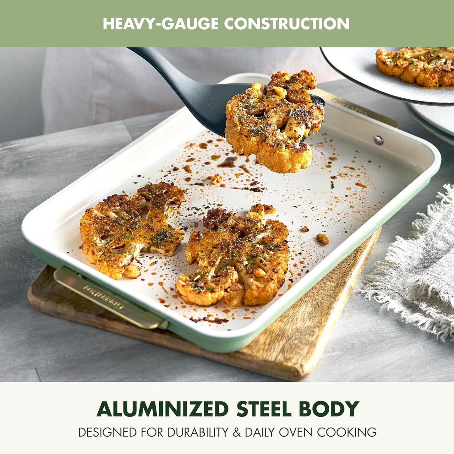 GreenPan Bakeware 13" x 9" Quarter Sheet Pan, Ceramic Nonstick Baking Pan, PFAS & BPA Free, Gold Handles, Durable Steel, Versatile & Space Saving Ovenware, Freezer to Oven Dish, Sage Green