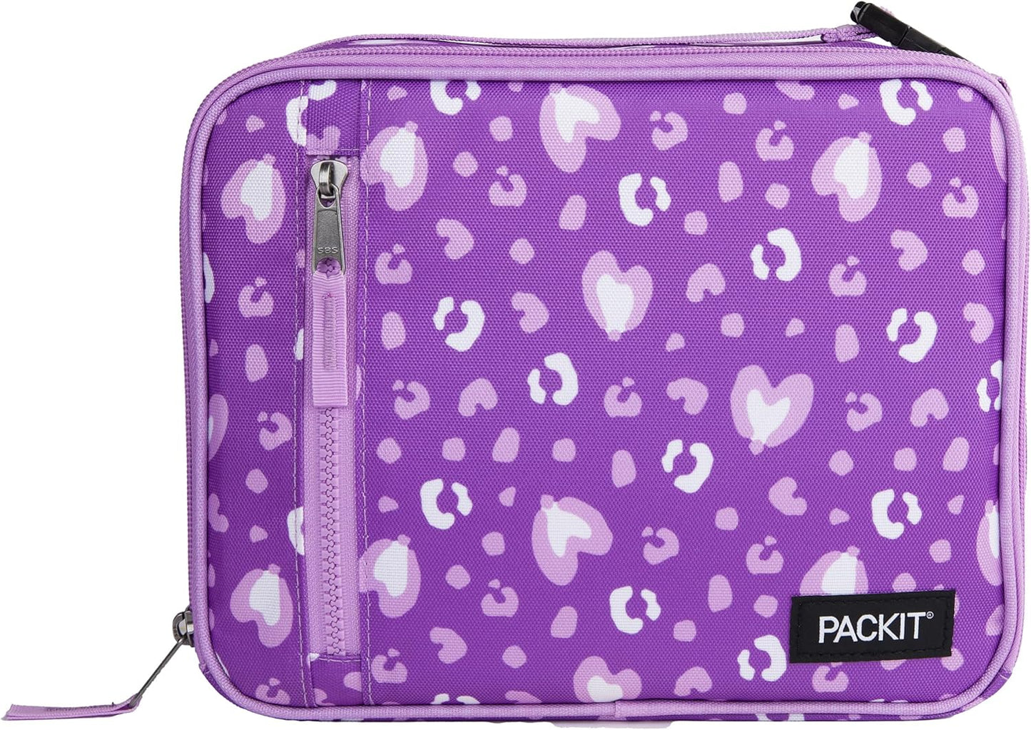PackIt Freezable Classic Lunch Box, Leopard Hearts Purple, Built with ECOFREEZE Technology, Reusable, Zip Closure With Zip Front Pocket and Buckle Handle, Designed for Fresh Lunch On the Go
