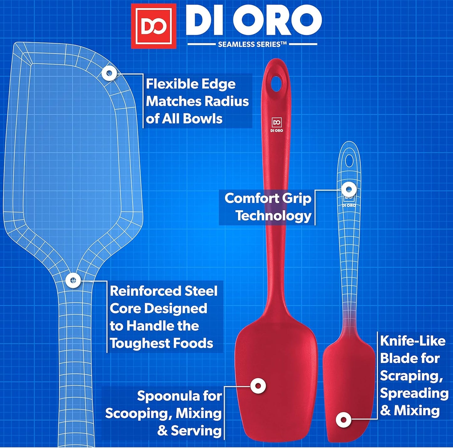 DI ORO Silicone Spatula Set - Rubber Kitchen Spatulas for Baking, Cooking, & Mixing - 600°F Heat-Resistant & BPA Free Silicone Scraper Spatulas for Nonstick Cookware - Dishwasher Safe (4pc, Red)