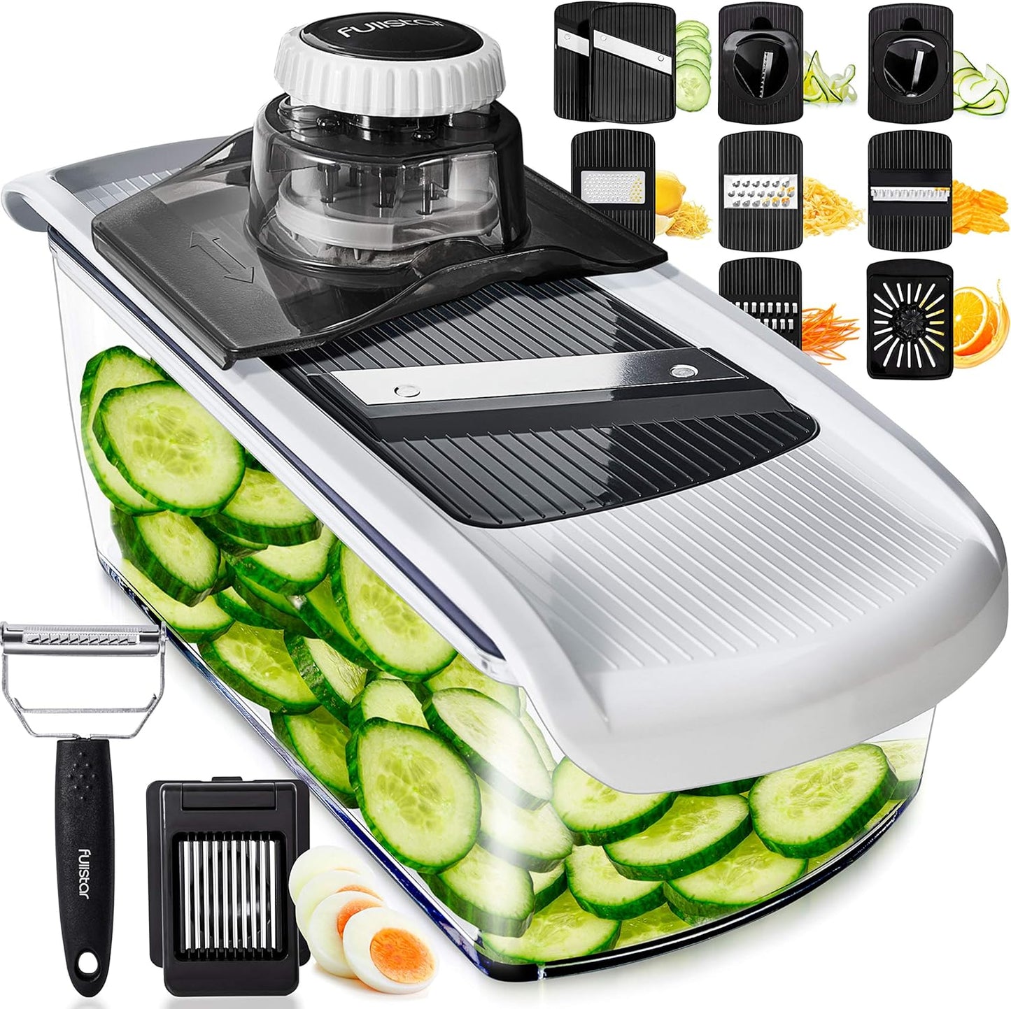 Fullstar Mandoline Slicer for Kitchen, Fruit Cutter, Cheese Grater, Cucumber Slicer, Veggie Spiralizer, Food Cutter & Kitchen Gadgets with Safety Glove (11 in 1, White)