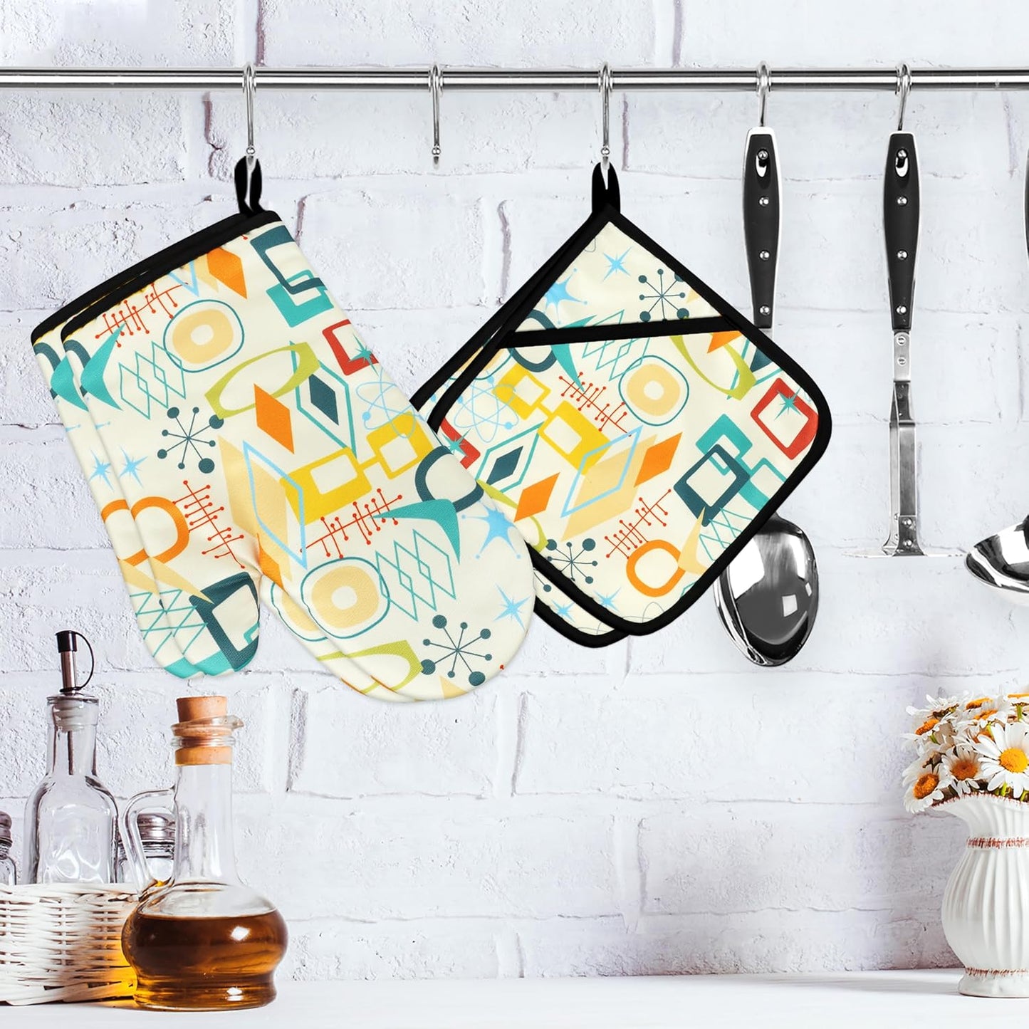 Mid Century Modern Oven Mitts and Pot Holders Sets Washable Oven Gloves Heat Resistant 4 Pcs Decorative Kitchen Hot Pads and Mitts for Baking Cooking Grilling