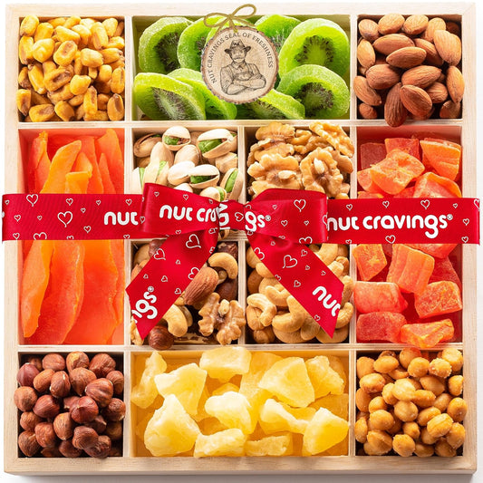 NUT CRAVINGS - Rosh Hashana & Shana Tova Dried Fruit & Mixed Nuts Gift Basket in Reusable Wooden Tray + Ribbon (12 Assortments) Food Arrangement, Healthy Snack Care Package, Food Assortments