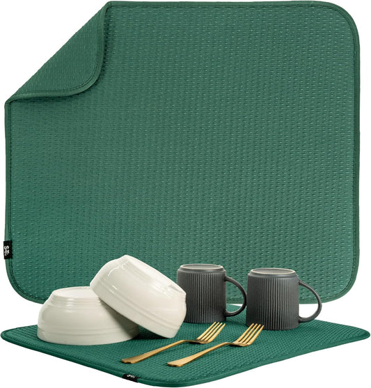 S&T INC. Dish Drying Mat, 16” x 18”, Absorbent Microfiber Kitchen Counter Mat, Drying Pad for Dishes, Utensils, Pots and Pans, Large, Diamond Texture, Emerald Green